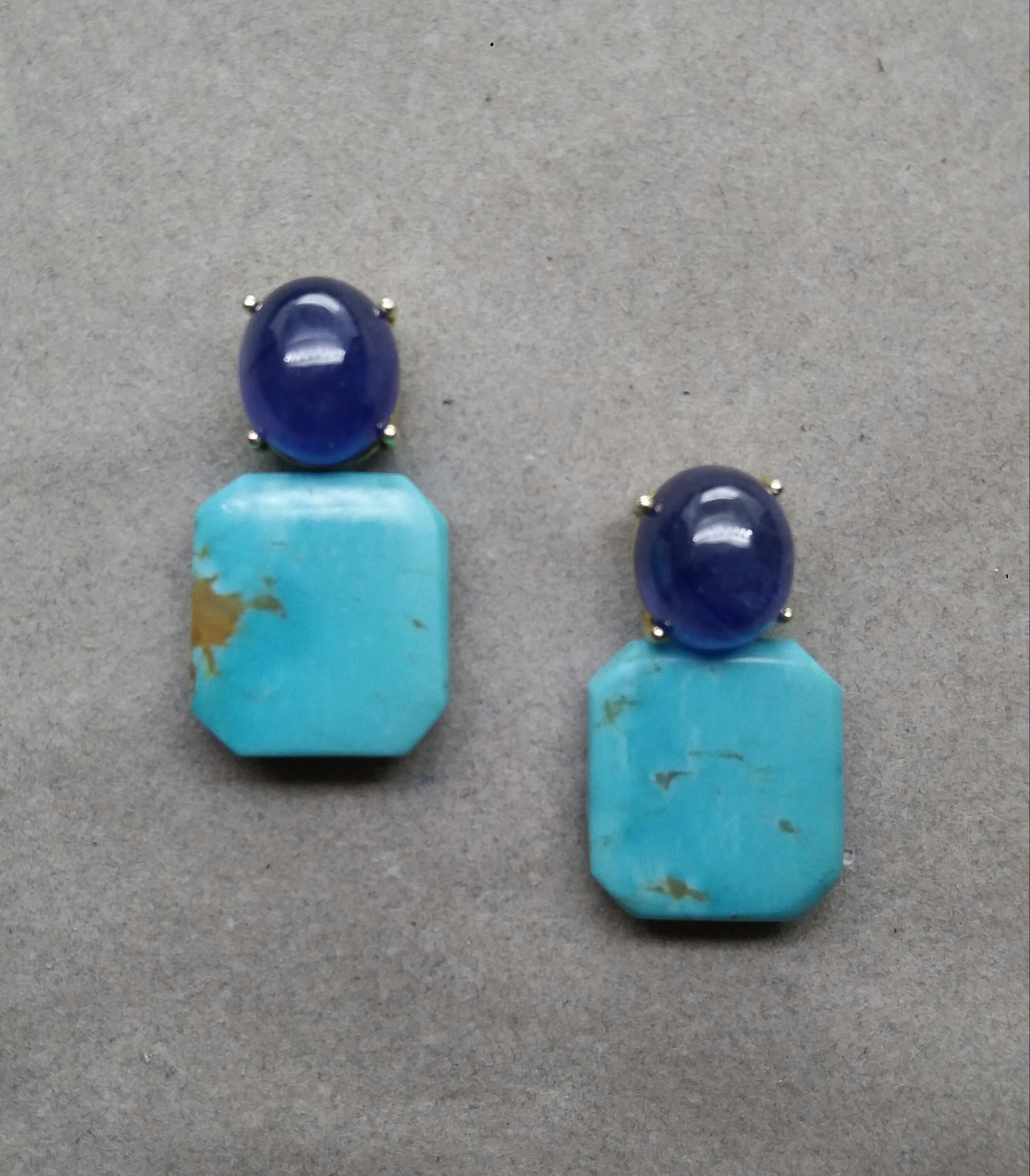 In these simple and chic earrings we have 2  Octagon Shape Natural Turquoise measuring 16 x 18 mm.,suspended from 2 nice  Blue Sapphire  oval cabochons size 10 x 11 mm for a total weight of 19,50 carats set in 14 kt yellow gold.

In 1978 our