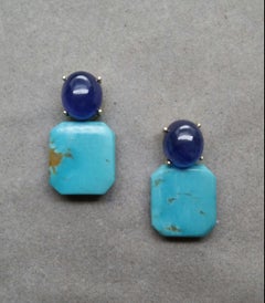 Blue Sapphire Cabochons Octagon Shape Turquoise 14 Kt Yellow Gold Stud Earrings