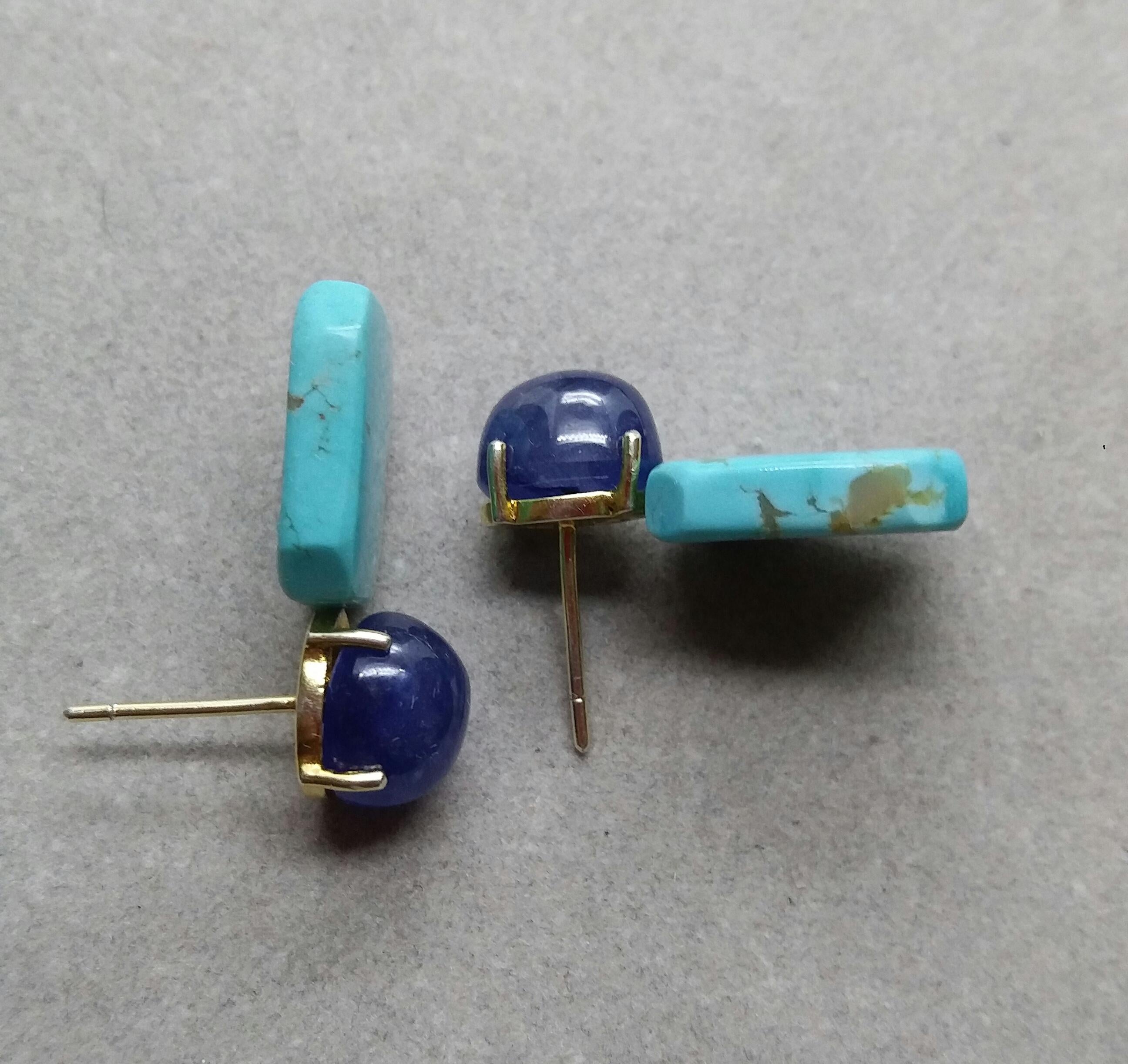 Octagon Cut Blue Sapphire Cabochons Octagon Shape Turquoise 14 Kt Yellow Gold Stud Earrings