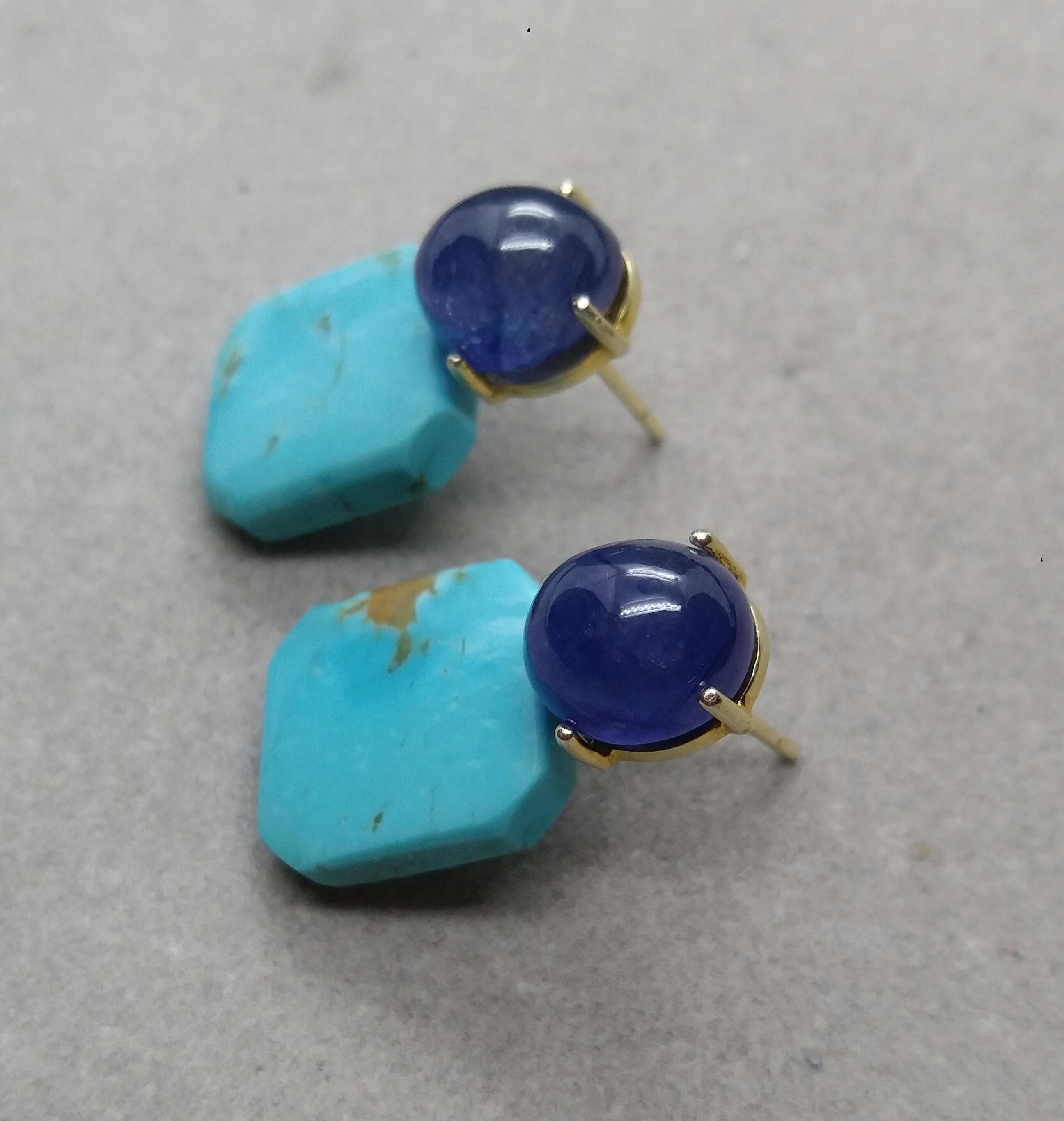 Women's Blue Sapphire Cabochons Octagon Shape Turquoise 14 Kt Yellow Gold Stud Earrings