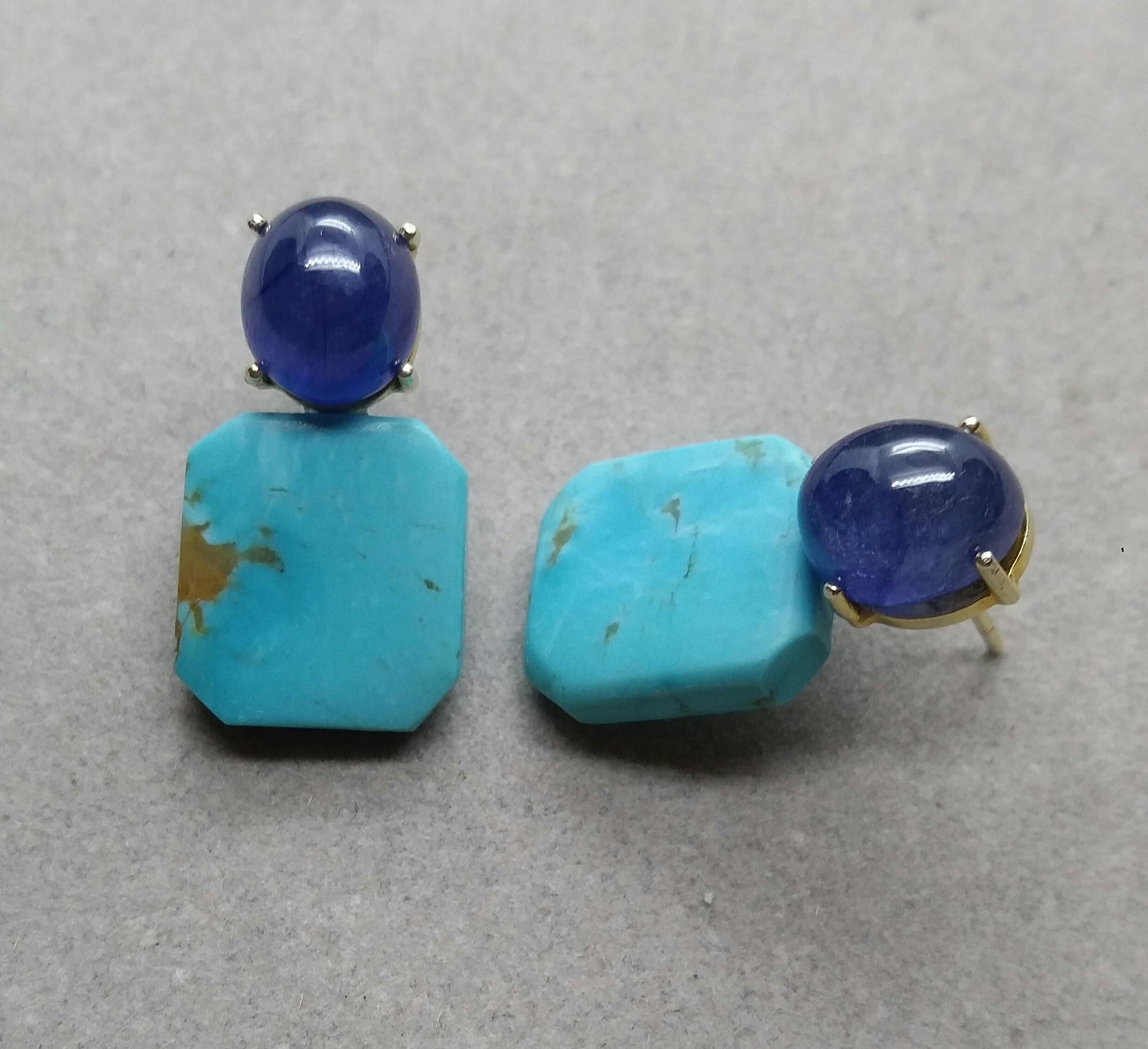 Blue Sapphire Cabochons Octagon Shape Turquoise 14 Kt Yellow Gold Stud Earrings For Sale 2