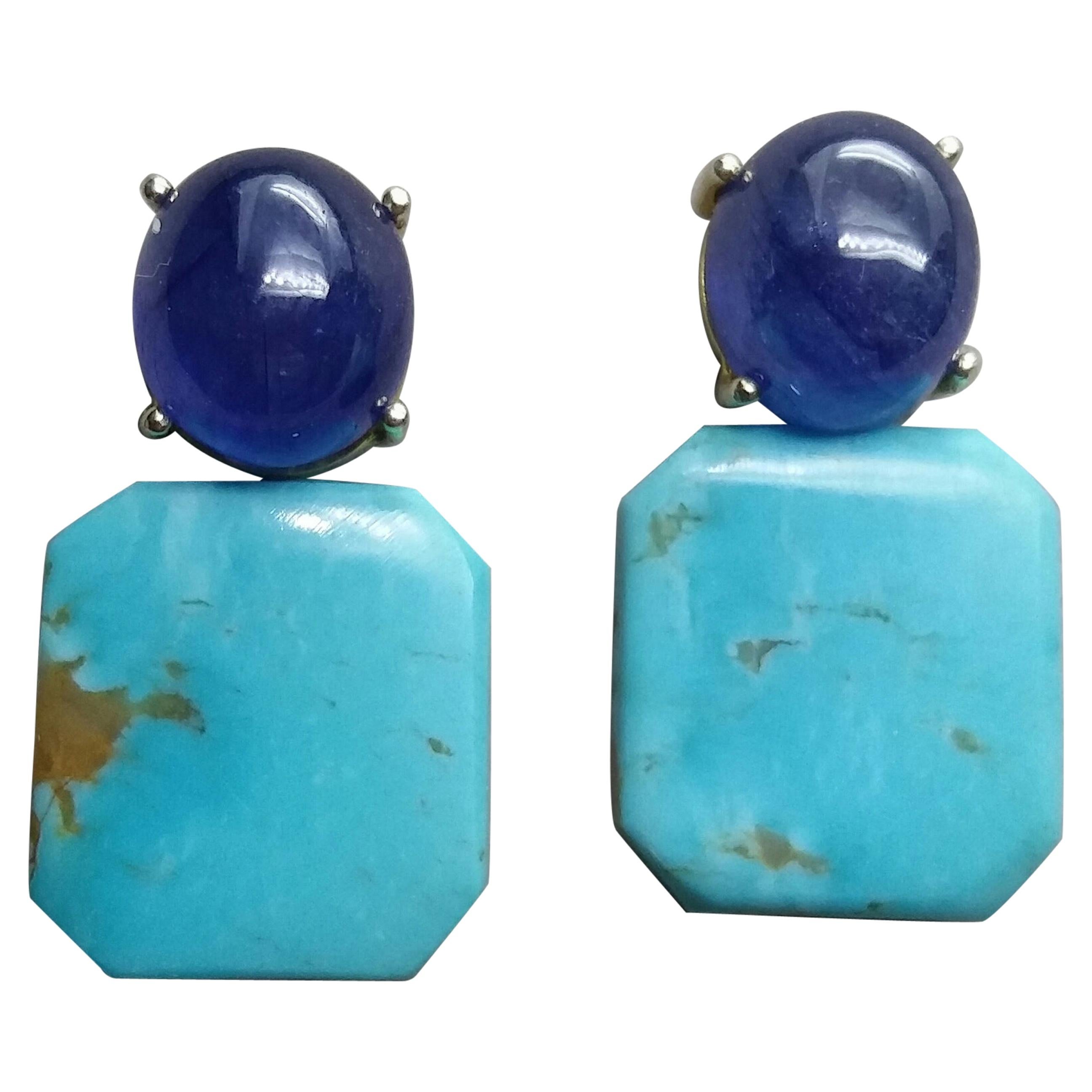 Blue Sapphire Cabochons Octagon Shape Turquoise 14 Kt Yellow Gold Stud Earrings For Sale