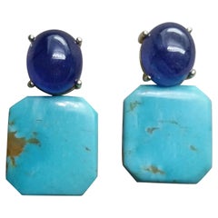 Blue Sapphire Cabochons Octagon Shape Turquoise 14 Kt Yellow Gold Stud Earrings