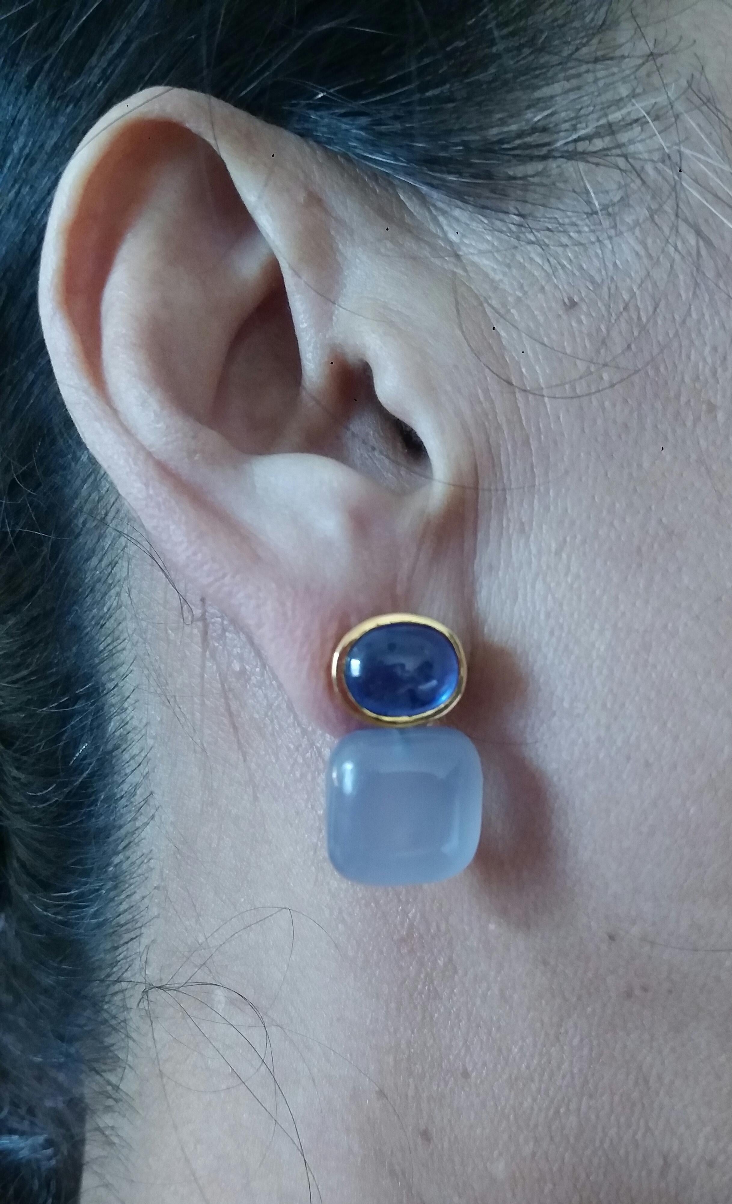 Blue Sapphire Cabs 14kt Solid Gold Blue Chalcedony Cushion Shape Stud Earrings For Sale 6