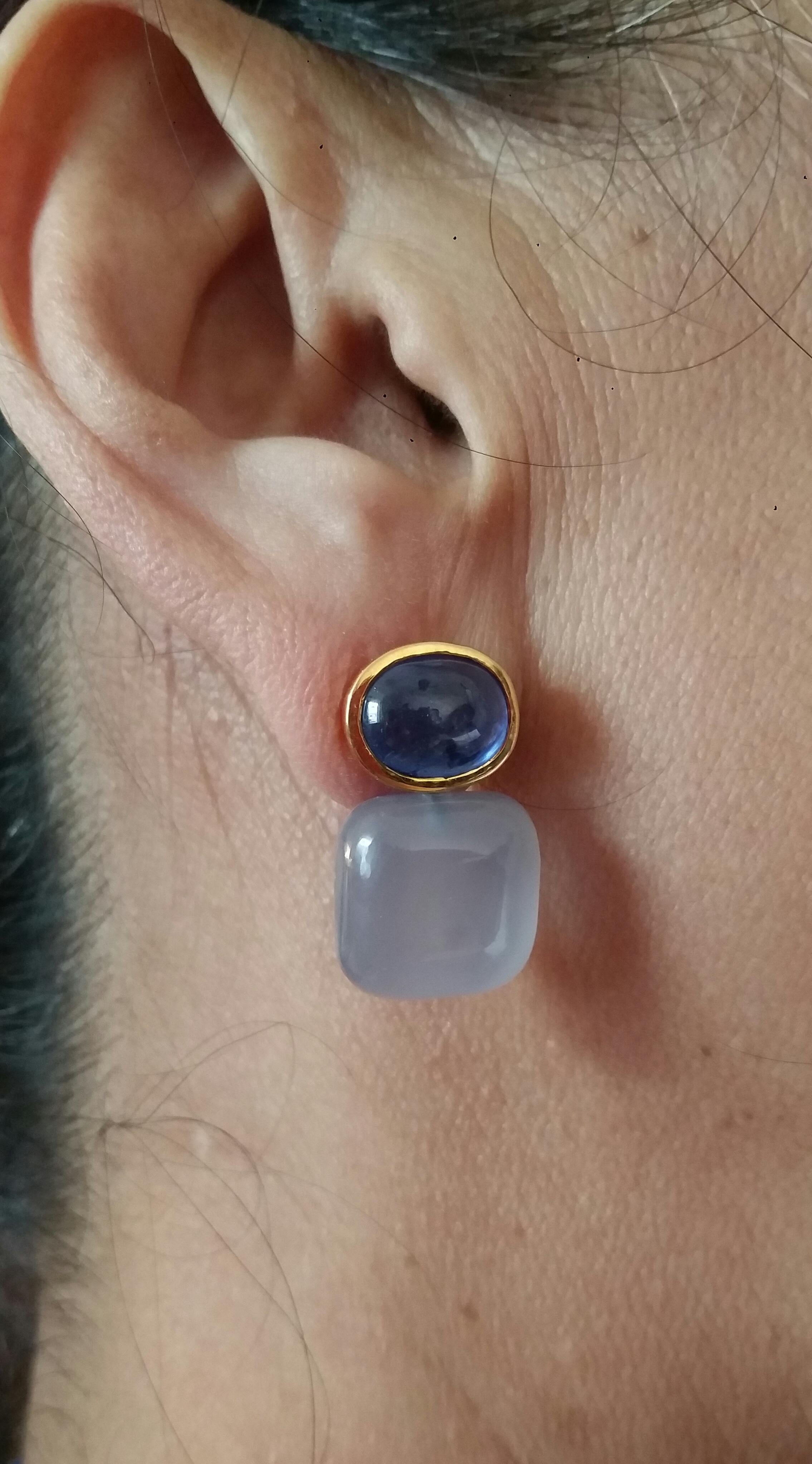 Blue Sapphire Cabs 14kt Solid Gold Blue Chalcedony Cushion Shape Stud Earrings For Sale 7