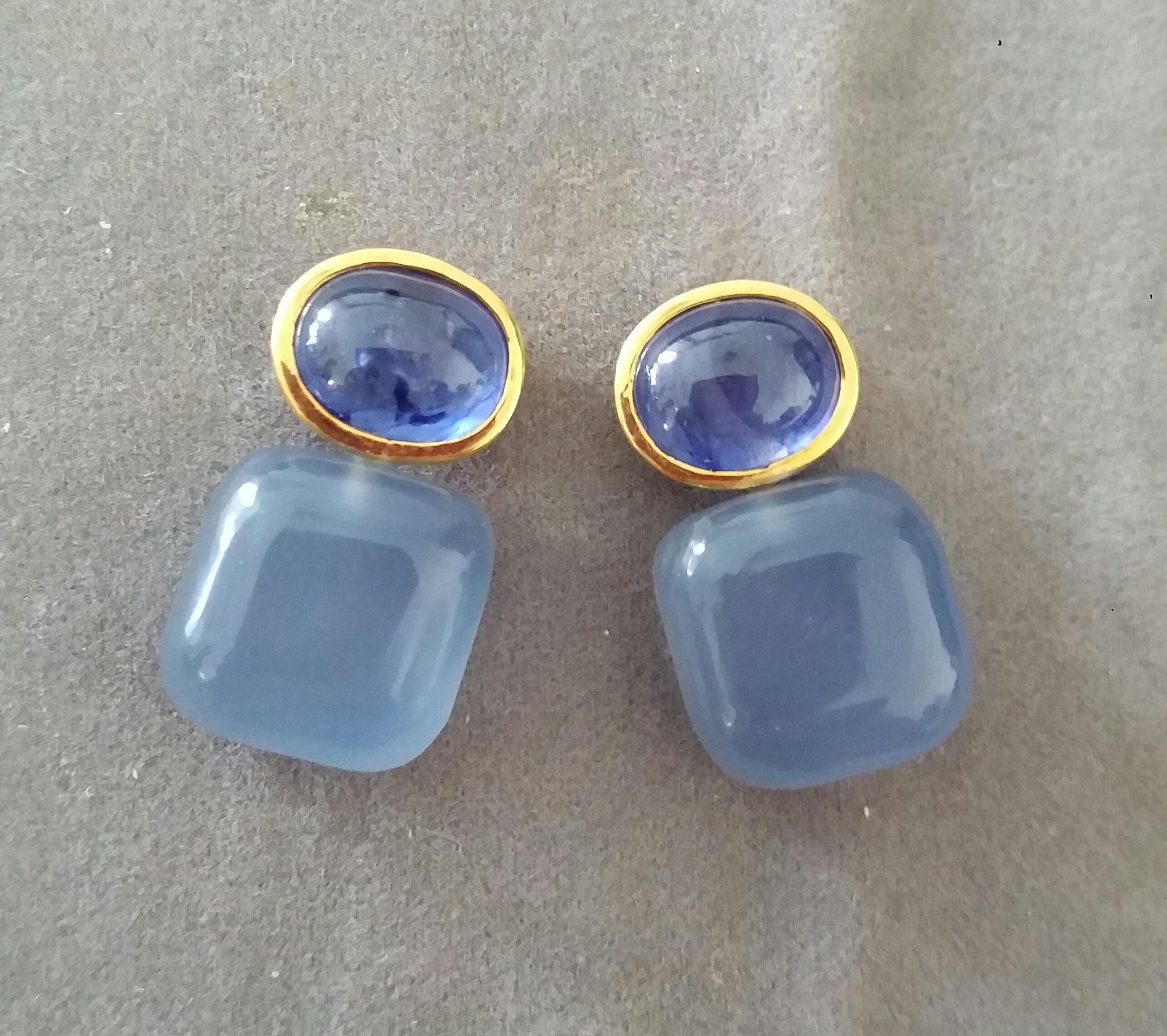Cushion Cut Blue Sapphire Cabs 14kt Solid Gold Blue Chalcedony Cushion Shape Stud Earrings For Sale