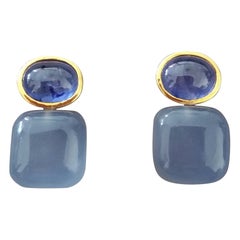 Blue Sapphire Cabs 14kt Solid Gold Blue Chalcedony Cushion Shape Stud Earrings