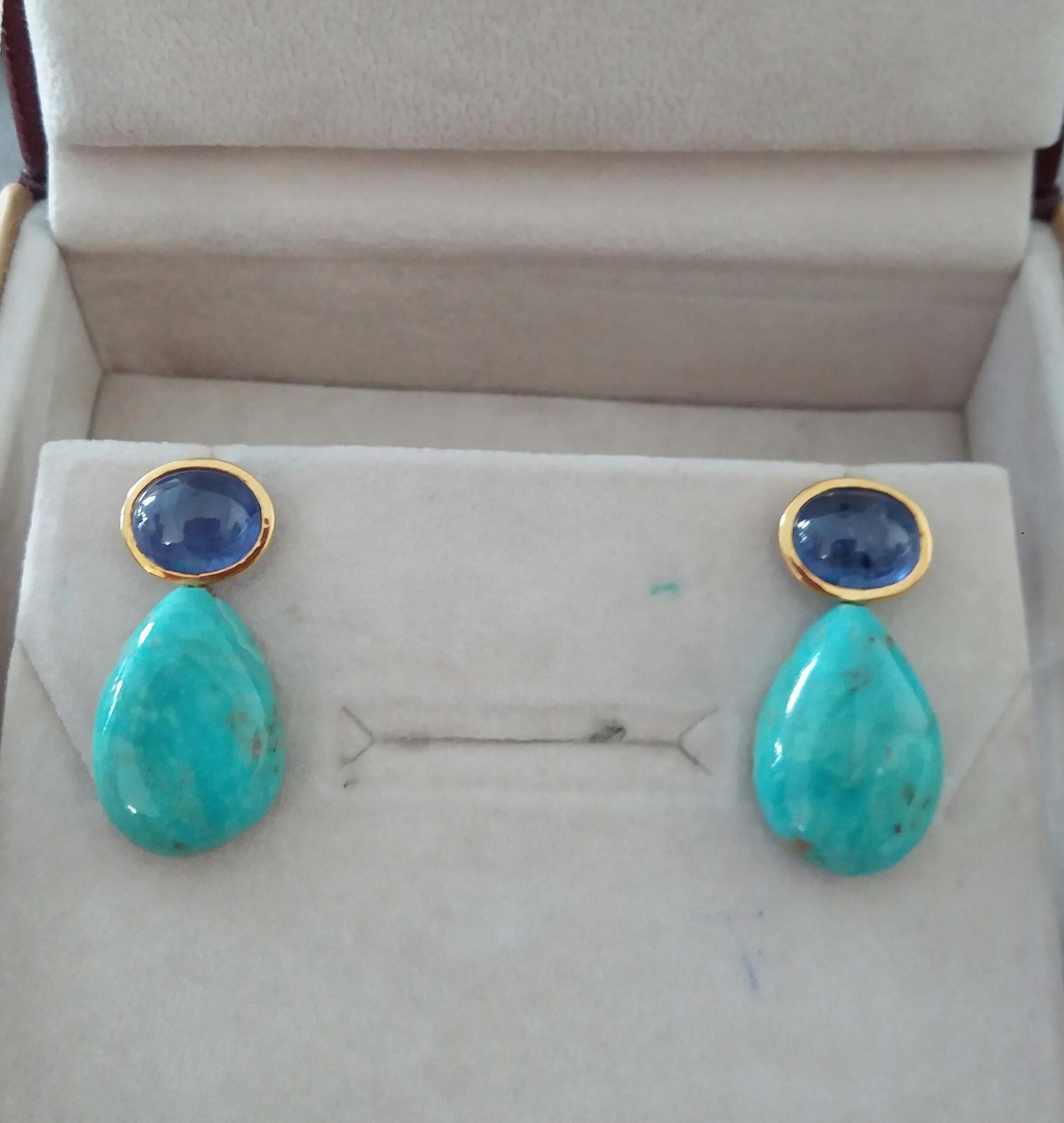 Blue Sapphire Cabs 14kt Solid Gold Natural Turquoise Plain Drops Stud Earrings For Sale 4