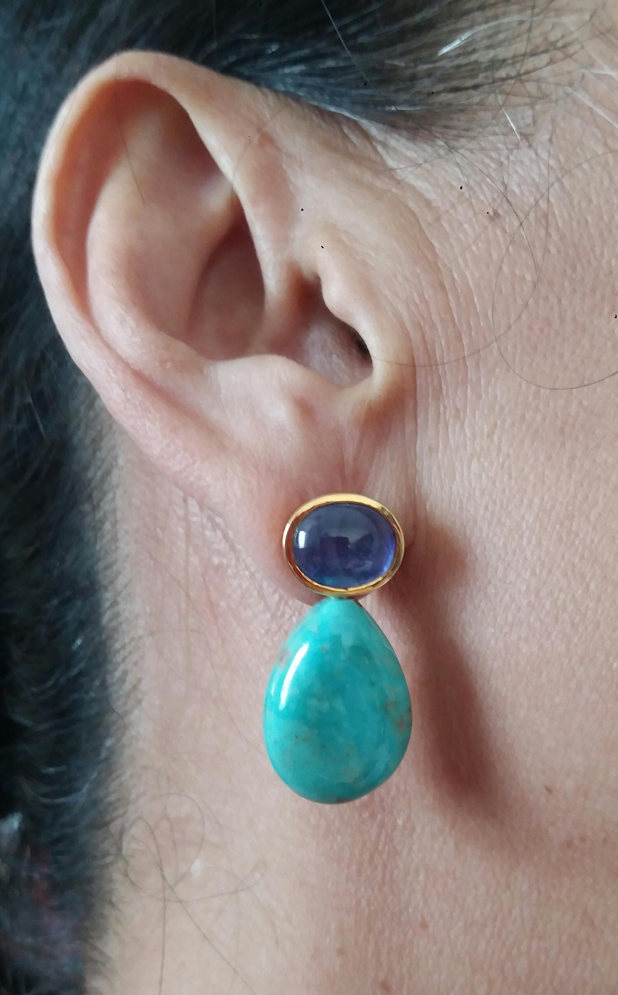 Blue Sapphire Cabs 14kt Solid Gold Natural Turquoise Plain Drops Stud Earrings For Sale 8