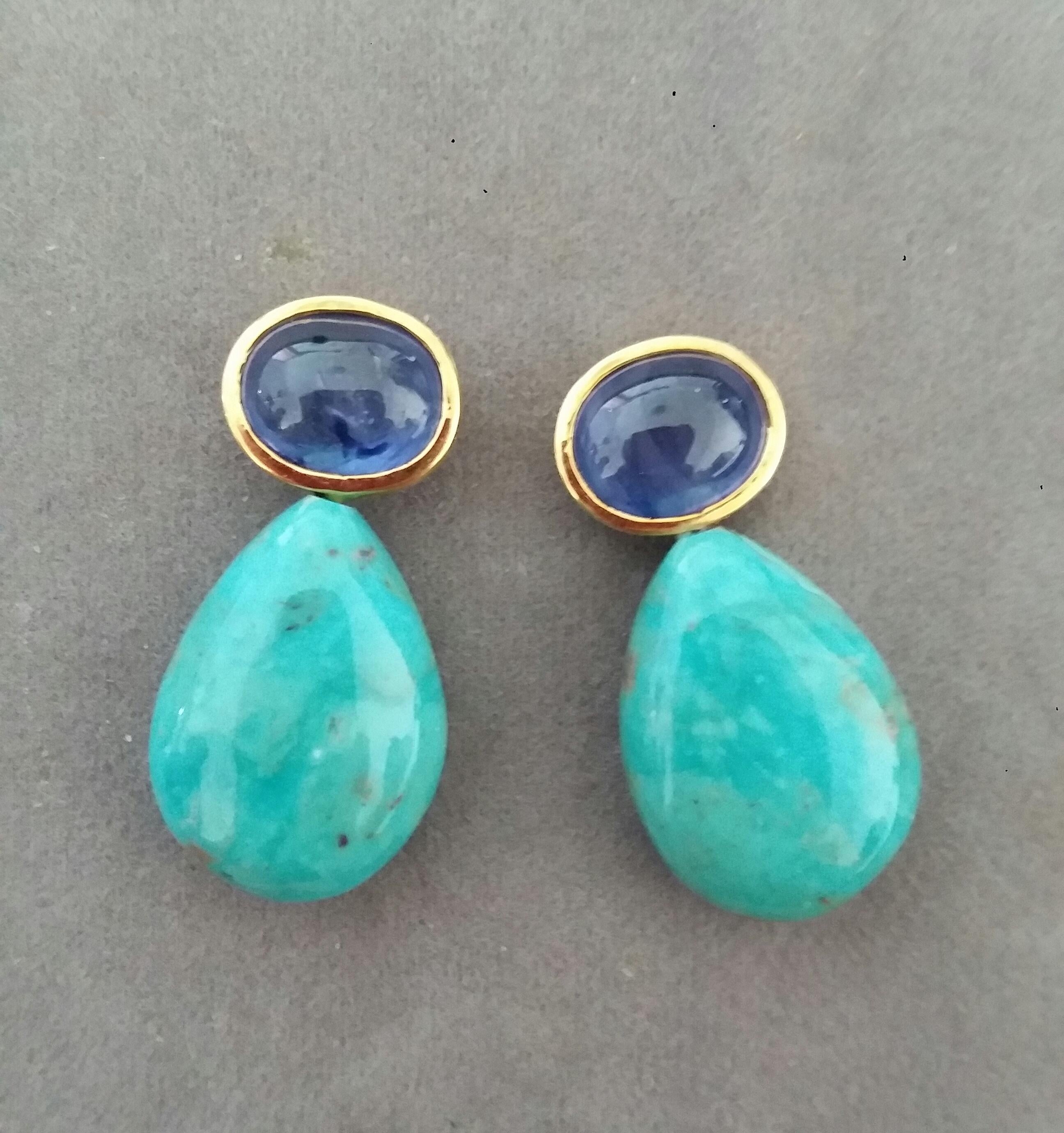 Mixed Cut Blue Sapphire Cabs 14kt Solid Gold Natural Turquoise Plain Drops Stud Earrings For Sale