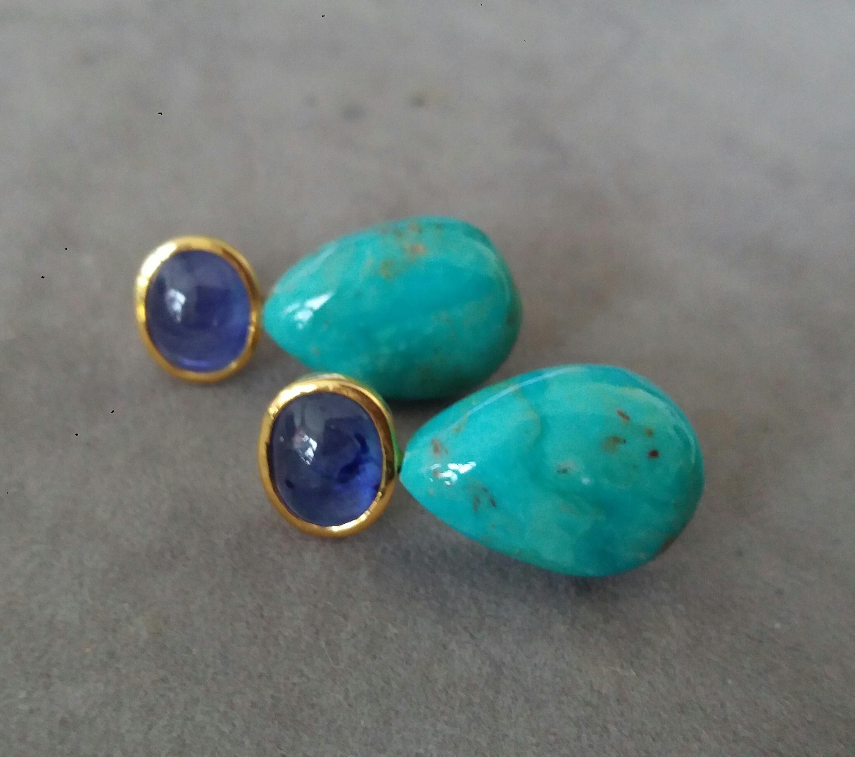 Women's Blue Sapphire Cabs 14kt Solid Gold Natural Turquoise Plain Drops Stud Earrings For Sale