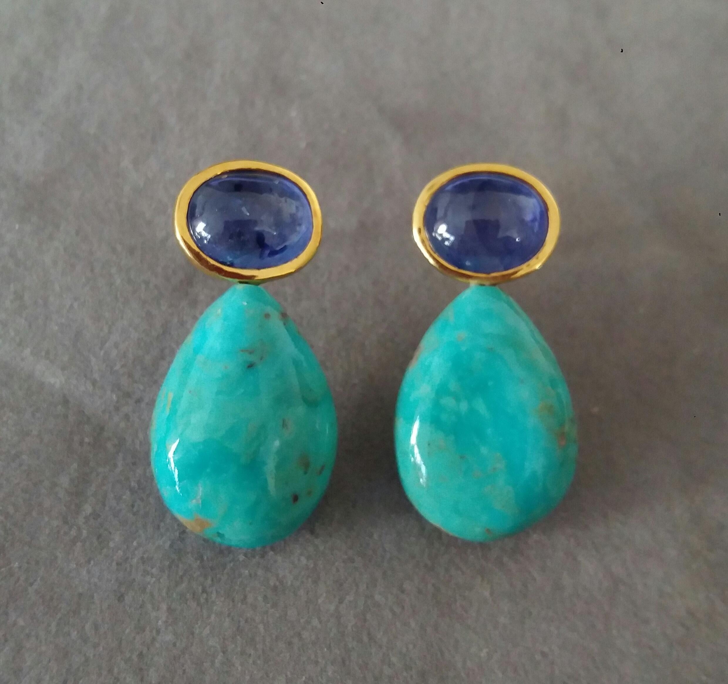 Blue Sapphire Cabs 14kt Solid Gold Natural Turquoise Plain Drops Stud Earrings For Sale 1