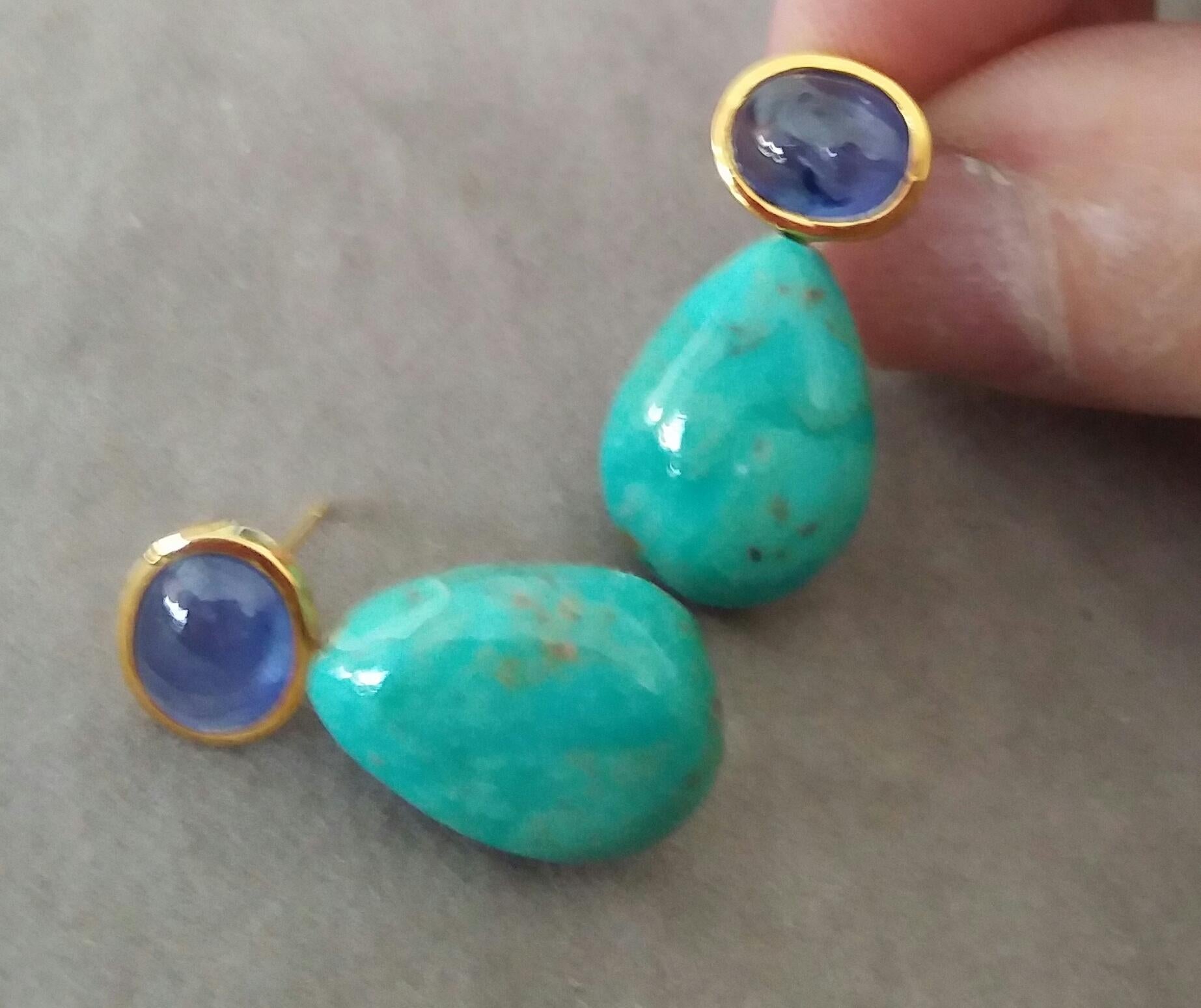 Blue Sapphire Cabs 14kt Solid Gold Natural Turquoise Plain Drops Stud Earrings For Sale 2
