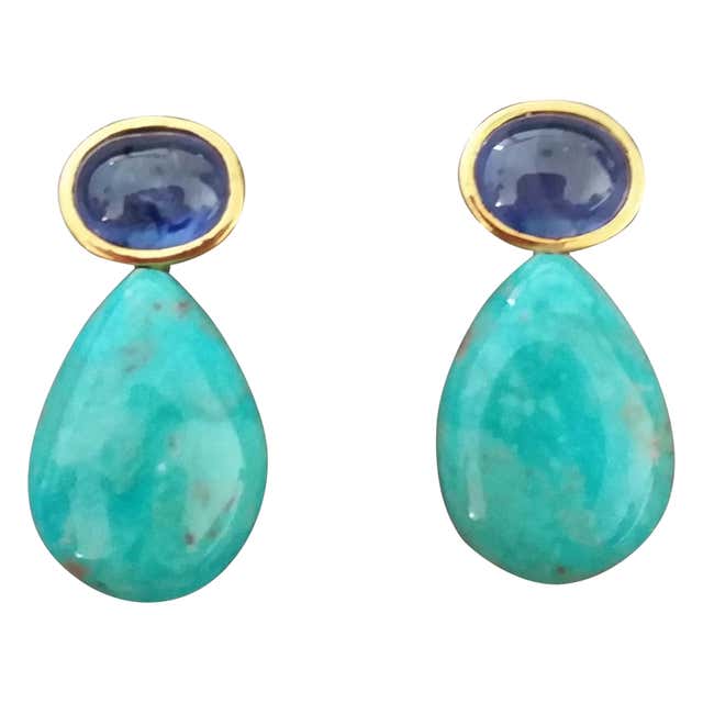 Blue Sapphire Oval Shape Cabs Turquoise Rectangular 14k Solid Gold Stud ...