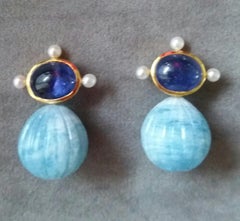 Blue Sapphire Cabs Pearls Gold Engraved Aquamarine Round Drop Stud Earrings