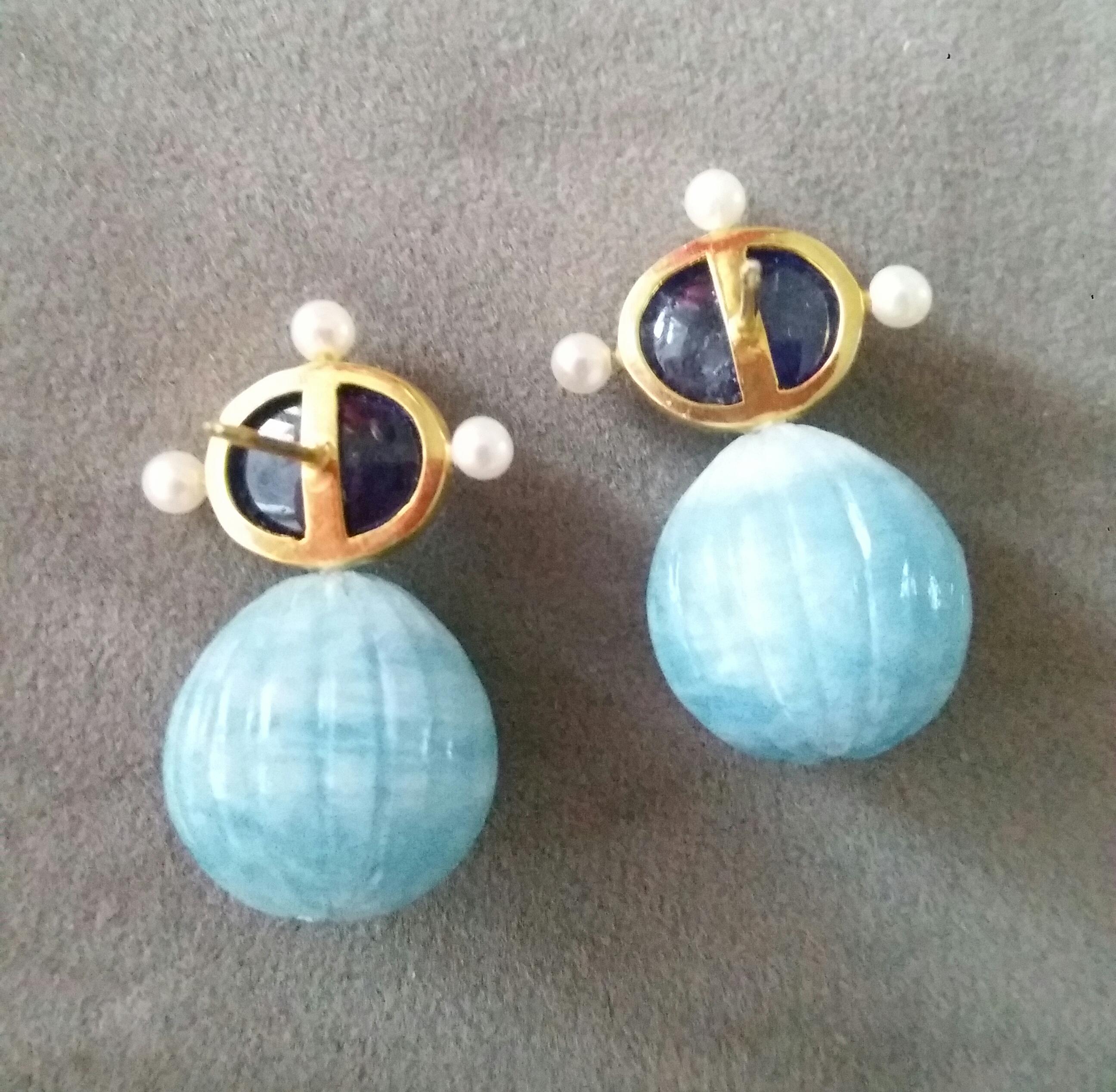 Art Deco Blue Sapphire Cabs Pearls Gold Engraved Aquamarine Round Drop Stud Earrings For Sale
