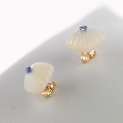 Blue Sapphire Carved Mother of Pearl Square Cabochon 14 Karat Gold Stud Earrings