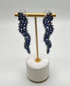 Blue Sapphire Cascade Wave Diamonds 18K White Gold Statement Fancy Earrings