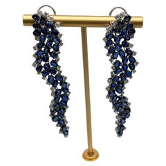 Blue Sapphire Cascade Wave Diamonds 18K White Gold Statement Fancy Earrings