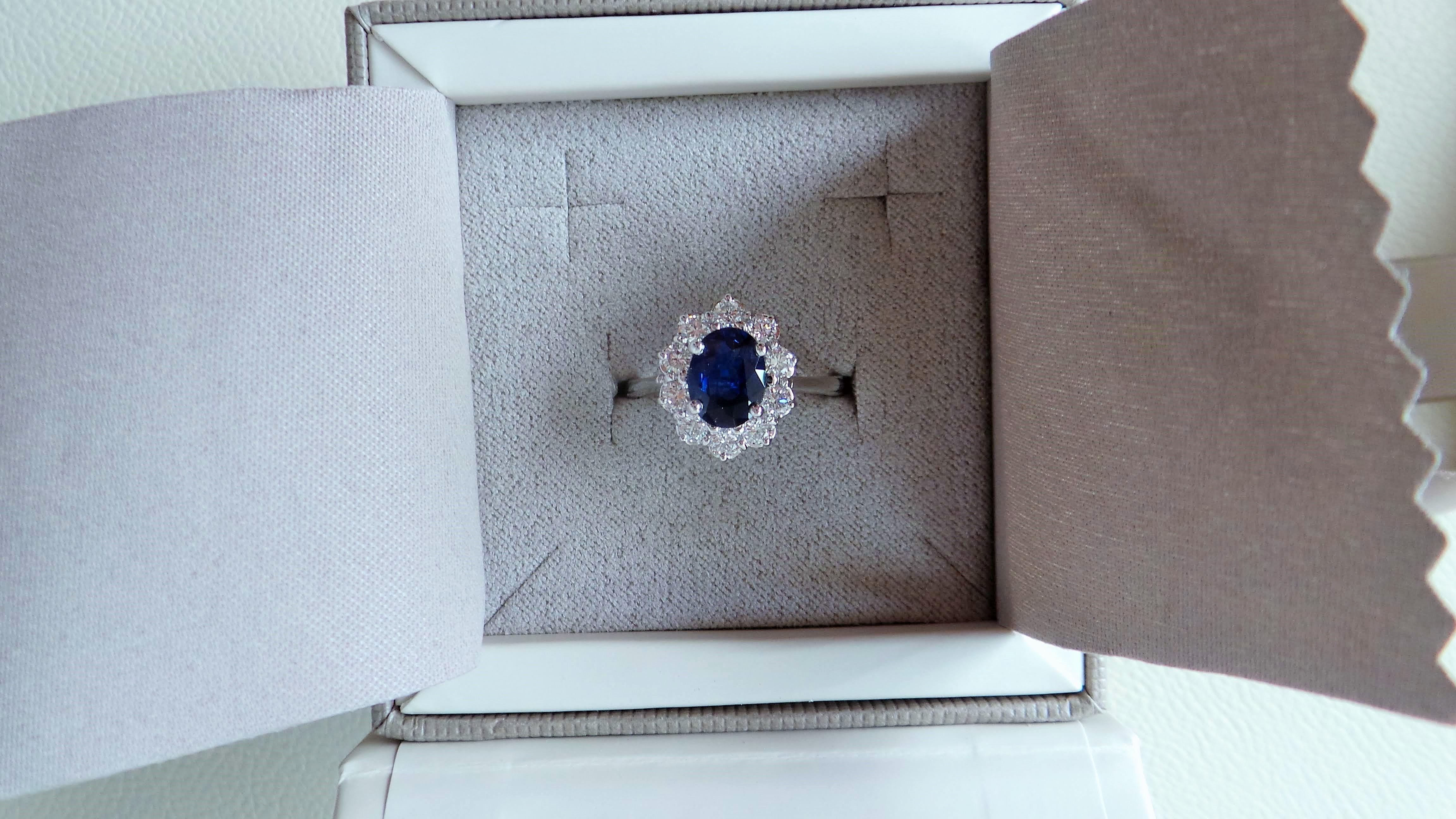 Contemporary Blue Sapphire Ceylon 1.41K Diamonds 0.58K White Gold Lady Diana Engagement Ring For Sale