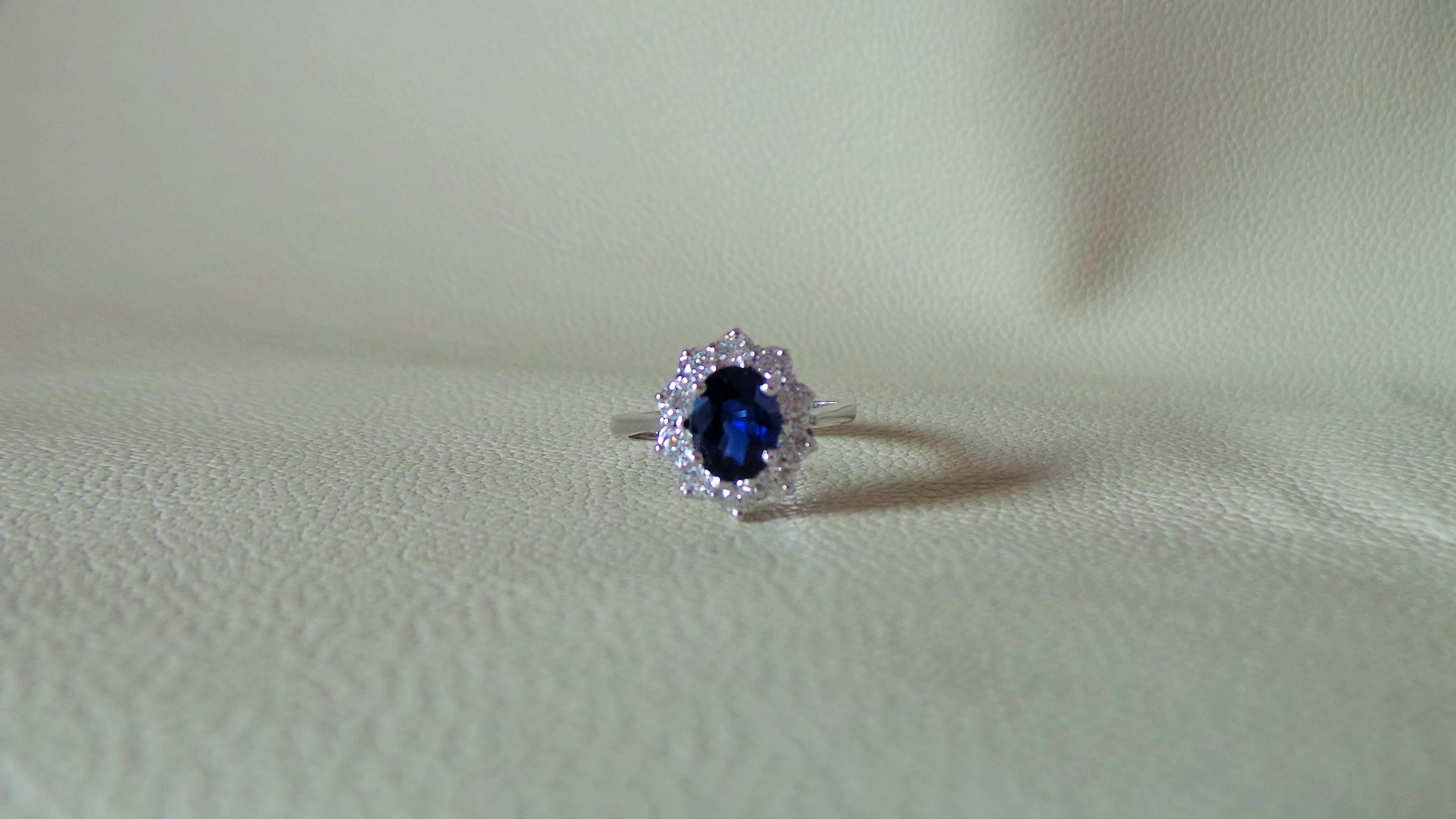Brilliant Cut Blue Sapphire Ceylon 1.41K Diamonds 0.58K White Gold Lady Diana Engagement Ring For Sale