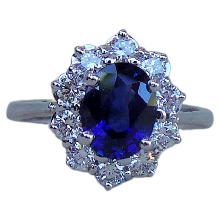 Blue Sapphire Ceylon 1.41K Diamonds 0.58K White Gold Lady Diana Engagement Ring For Sale
