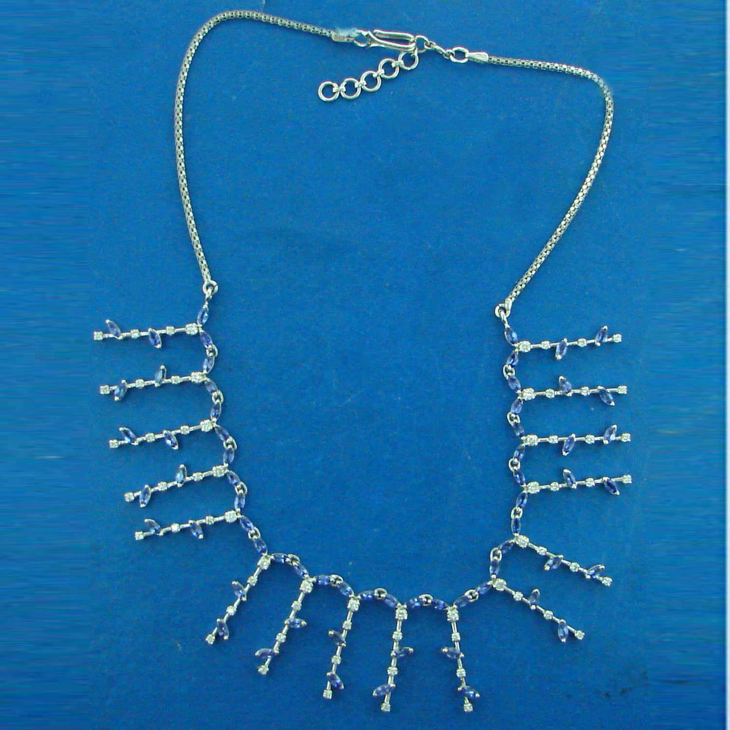 Mixed Cut Blue Sapphire Chain Necklace With Diamonds Made In 18k White Gold For Sale