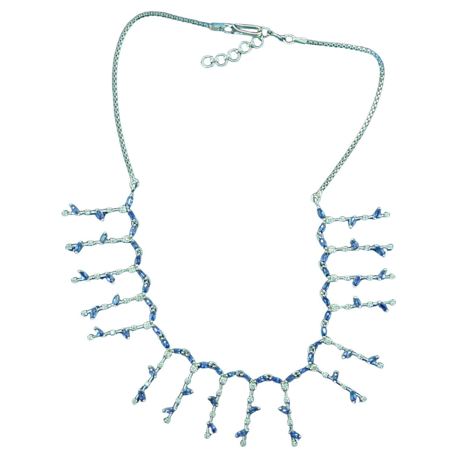 Blue Sapphire Chain Necklace With Diamonds Made In 18k White Gold