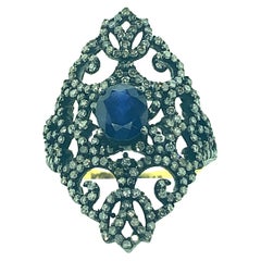 Blue Sapphire Champagne Diamonds Pave Set One of a Kind Ring