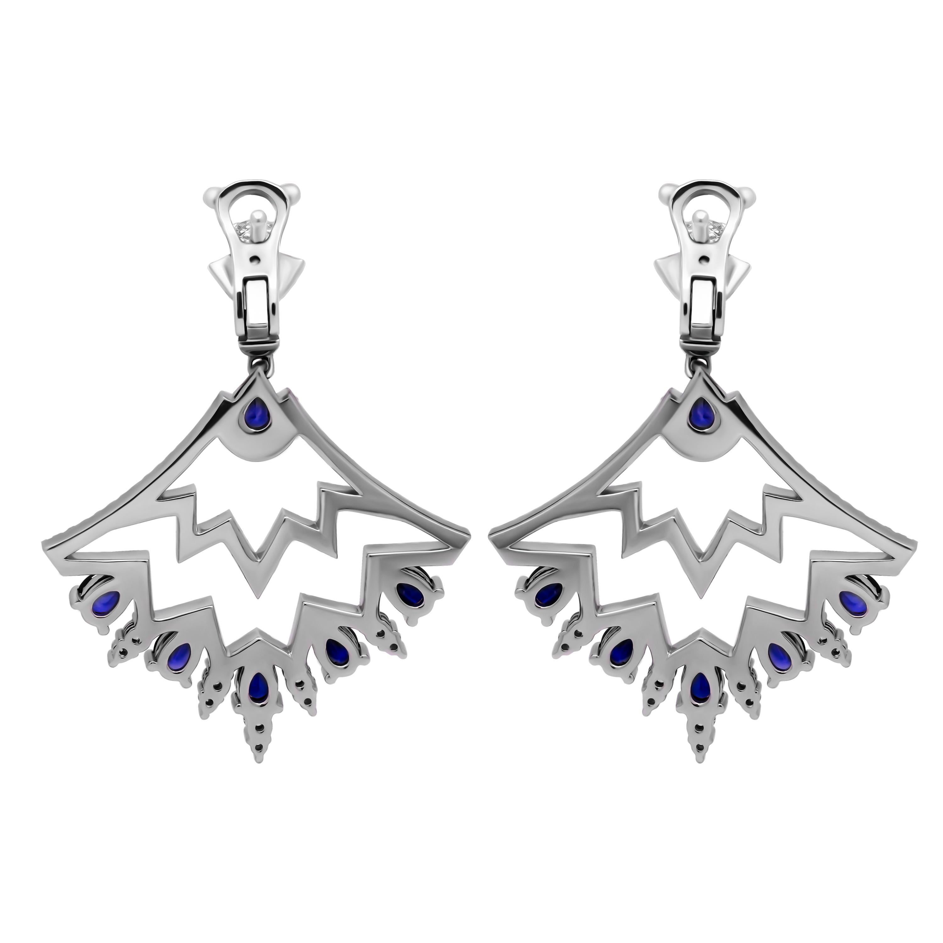 Modern Blue Sapphire Chandelier Diamond Earrings For Sale