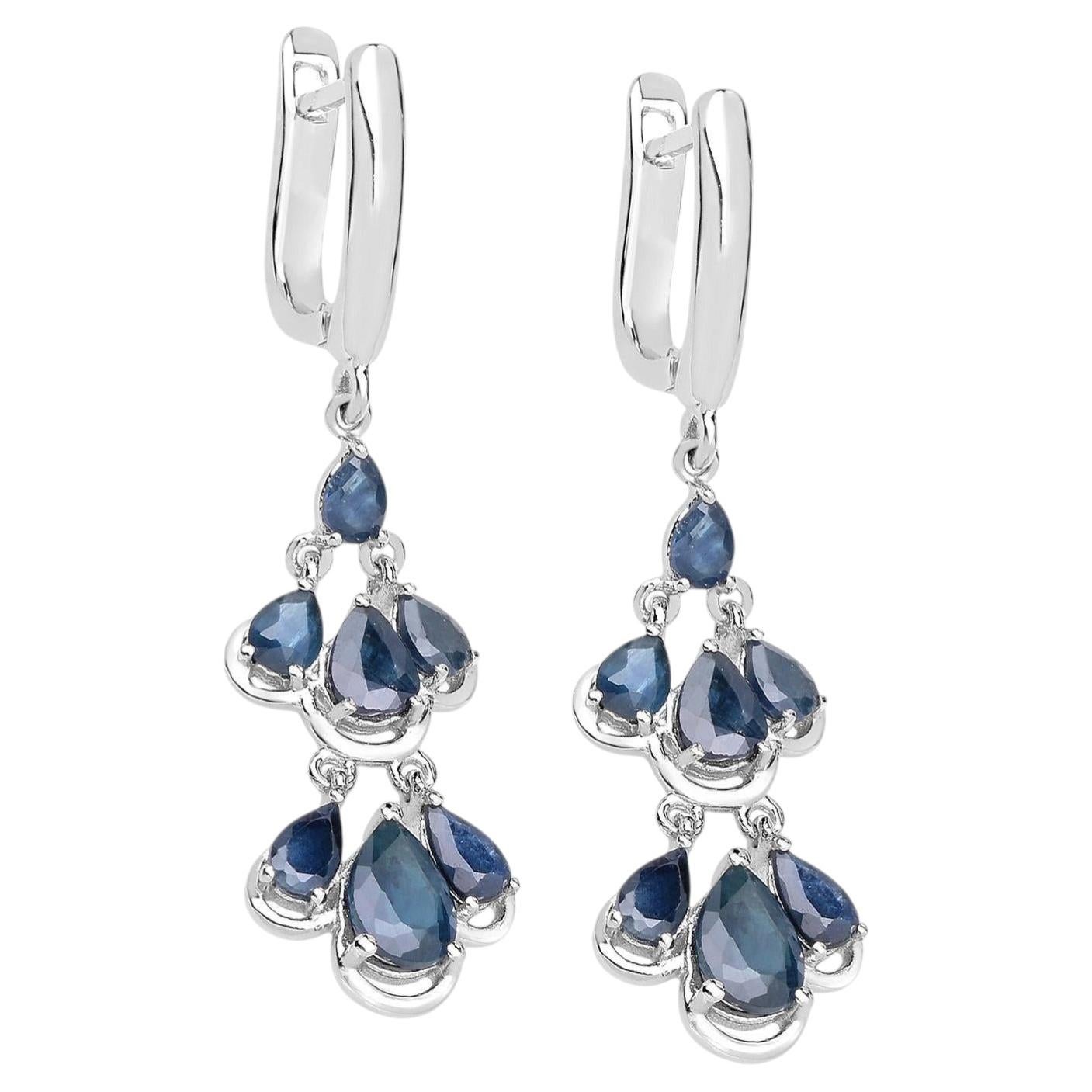 Blue Sapphire Chandelier Earrings 4.1 Carats Rhodium Plated Silver For Sale
