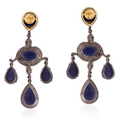 Chandelier-Ohrringe mit blauem Saphir und Diamanten aus 18 Karat Gelbgold und Silber
