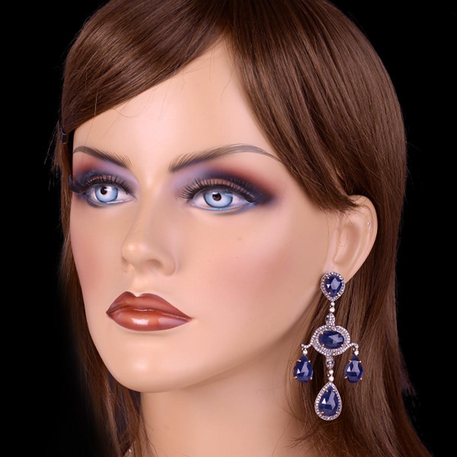 Art Deco Blue Sapphire Chandelier Earrings with Diamonds Made In 18k Yellow Gold & Silver For Sale
