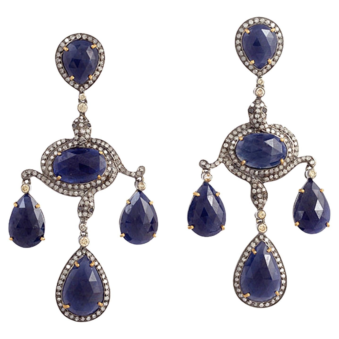 Blue Sapphire Chandelier Earrings with Diamonds Made In 18k Yellow Gold & Silver For Sale