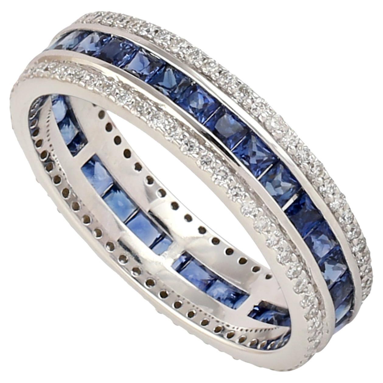 Blue Sapphire Channel Set Band Ring with Diamonds Made in White Gold