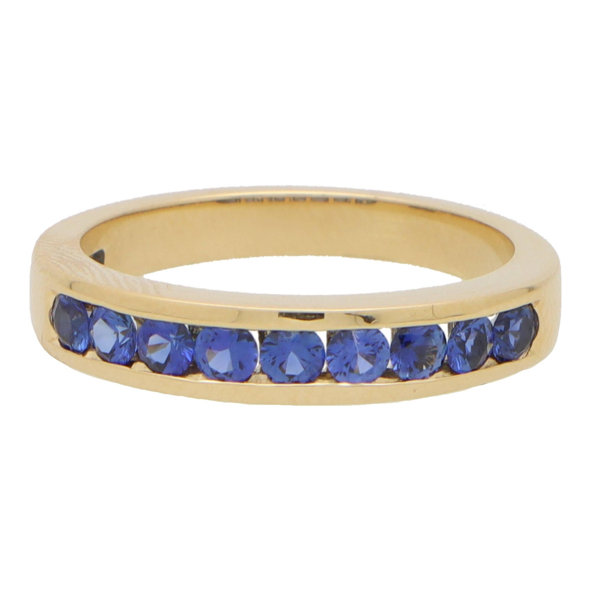 Modern Blue Sapphire Channel Set Half Eternity Ring in 18k Yellow Gold For Sale