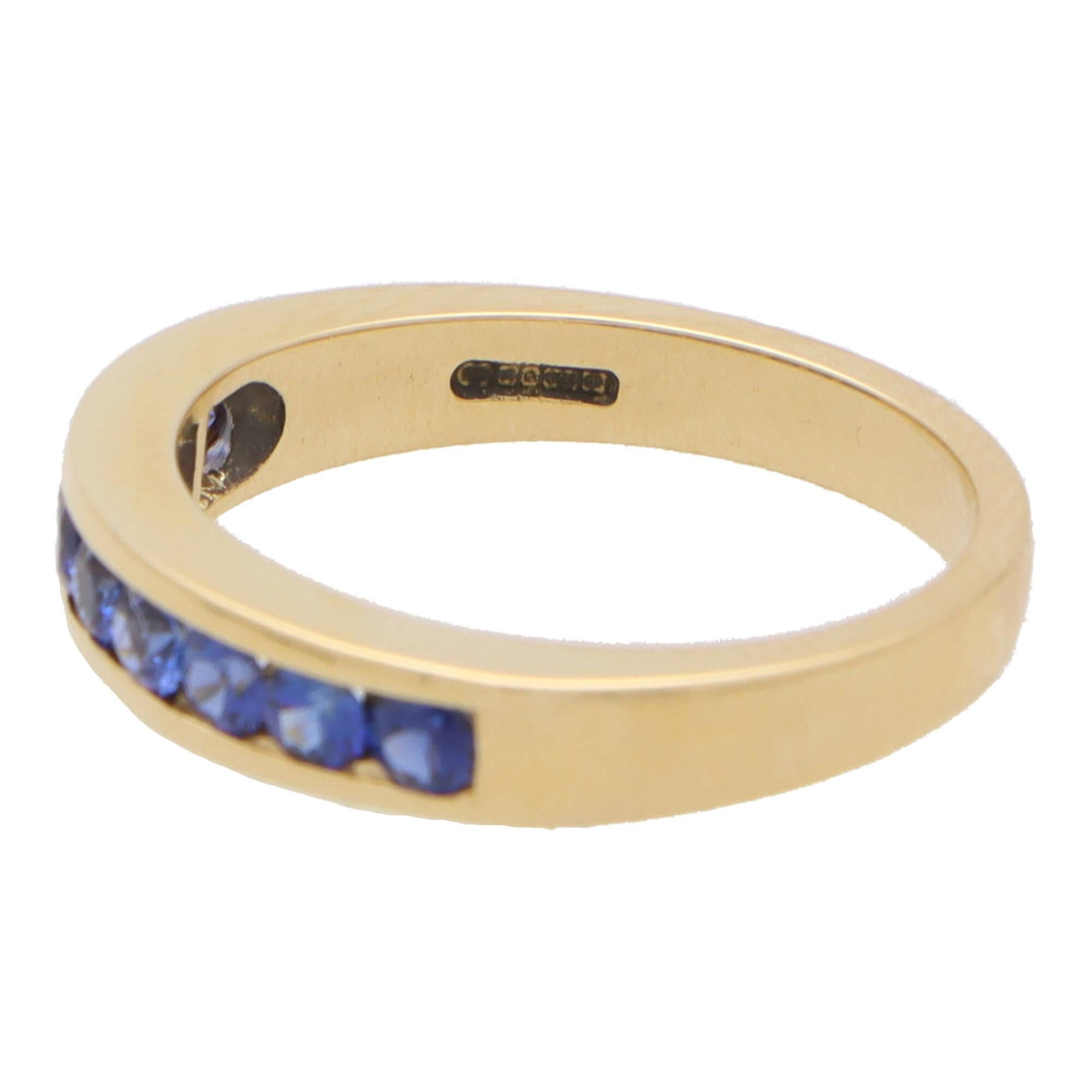 Women's or Men's Blue Sapphire Channel Set Half Eternity Ring in 18k Yellow Gold For Sale