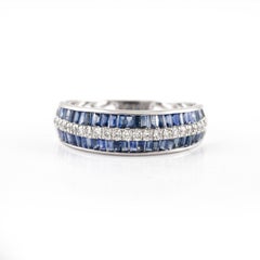 Blue Sapphire Channel Set Wedding Band with Diamonds in 18k Solid White Gold