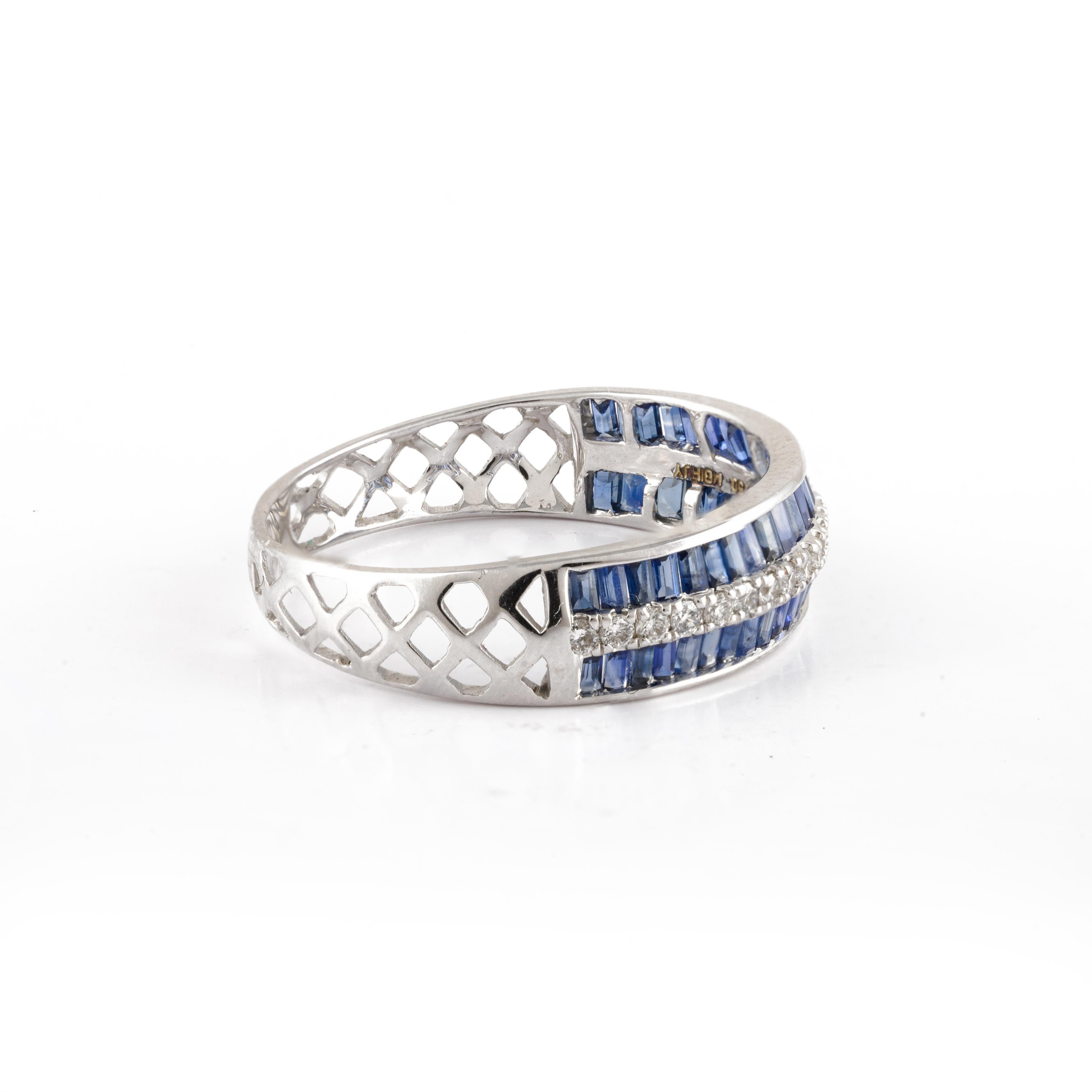 For Sale:  Blue Sapphire Channel Set Wedding Band with Diamonds in 18k Solid White Gold 4