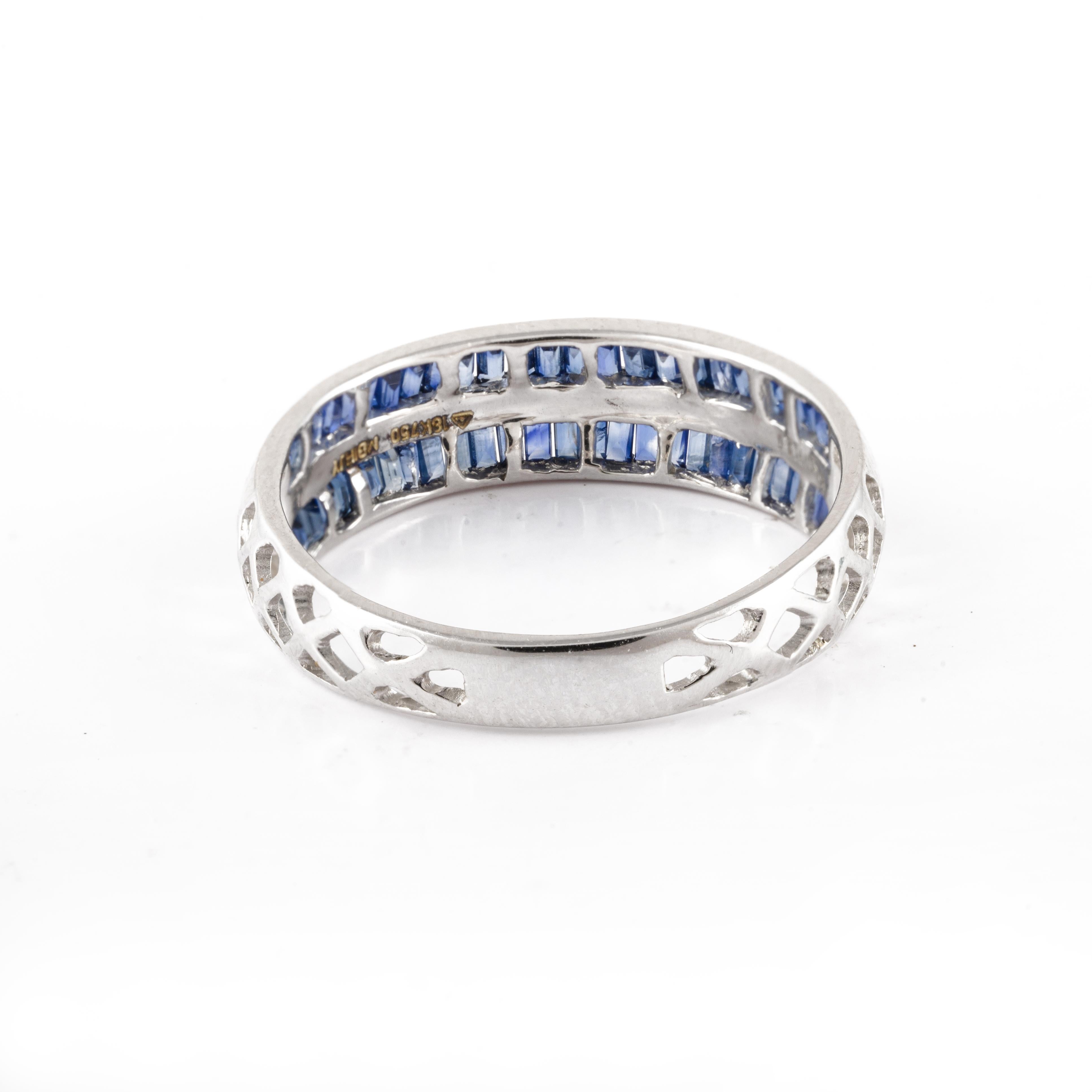 For Sale:  Blue Sapphire Channel Set Wedding Band with Diamonds in 18k Solid White Gold 6