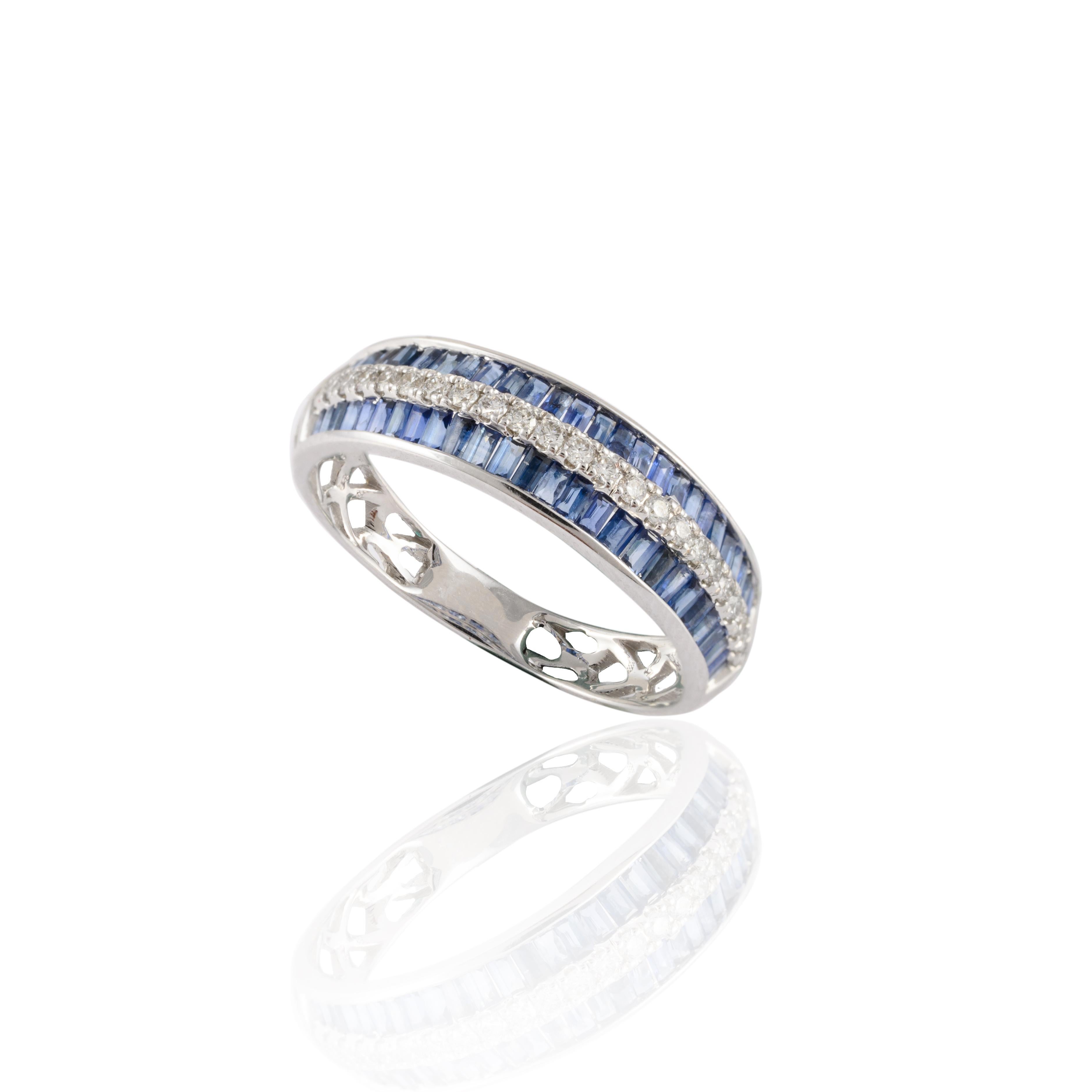 For Sale:  Blue Sapphire Channel Set Wedding Band with Diamonds in 18k Solid White Gold 7