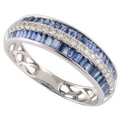 Blue Sapphire Channel Set Wedding Band with Diamonds in 18k Solid White Gold