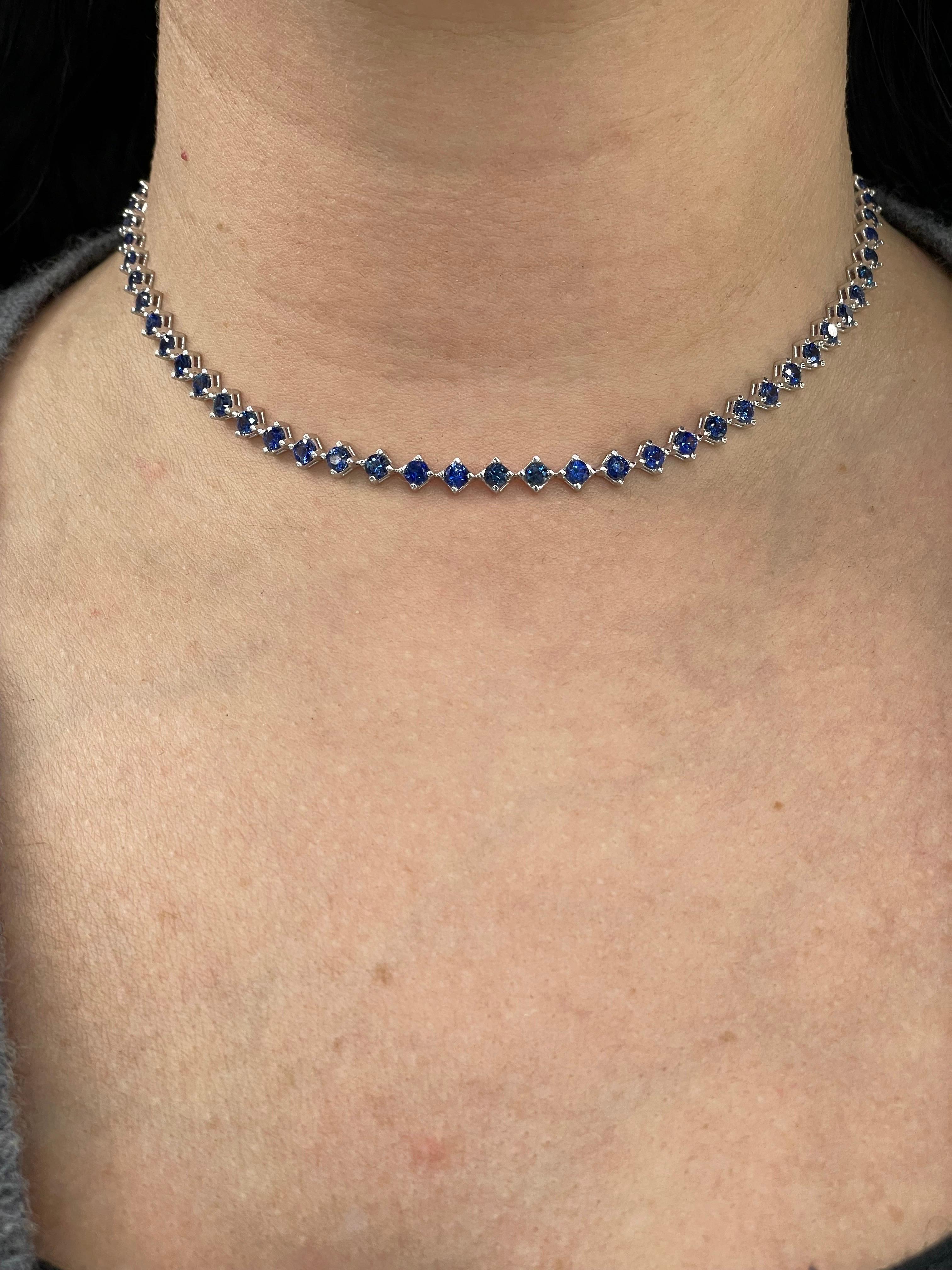 14 Karat White Gold Choker Necklace featuring 43 Blue Sapphires weighing 6.06 Carats, adjustable
Available in Pink Sapphire & Diamonds

Smaller versions available too
Extra gold links can be added.
DM for more videos & pictures on me