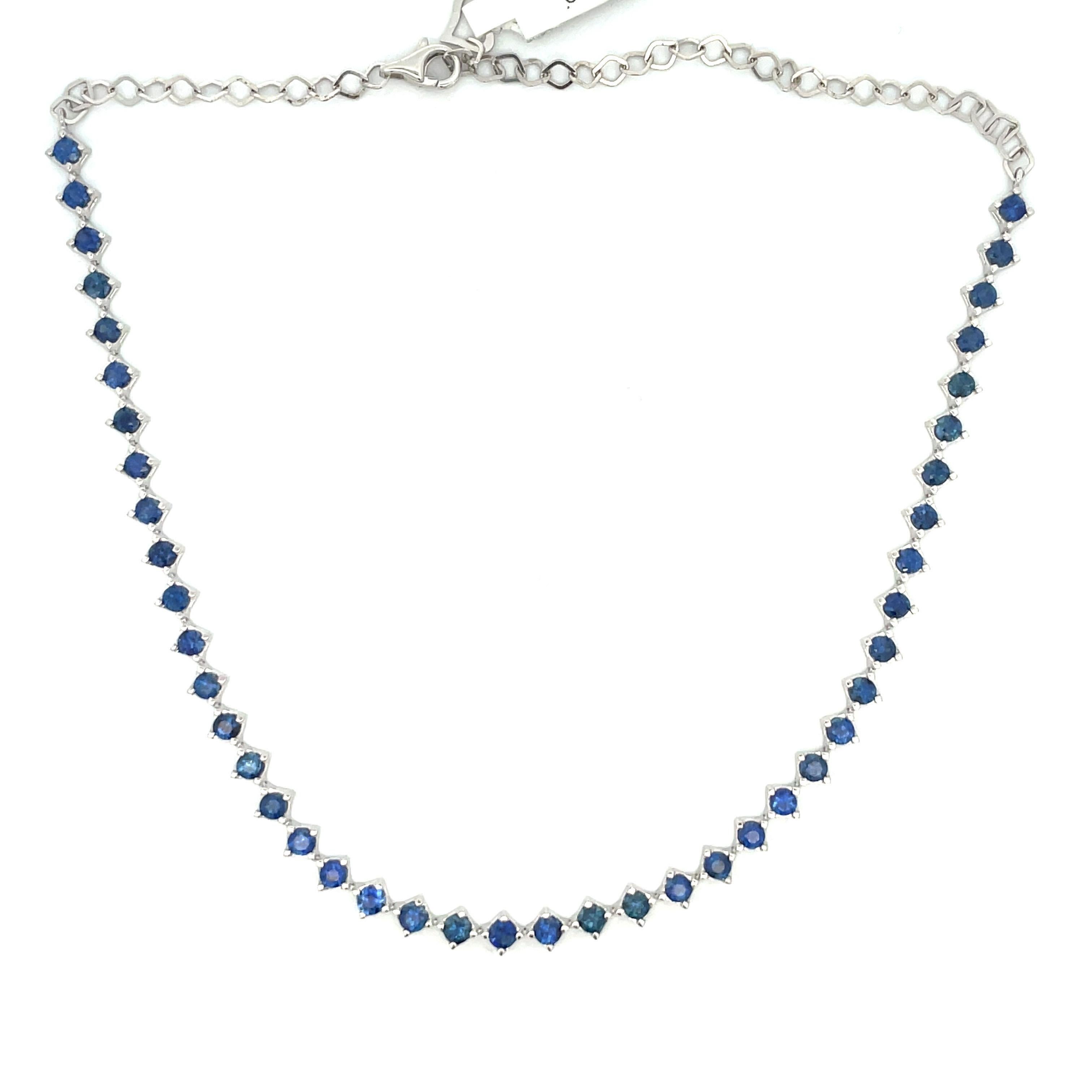 Round Cut Blue Sapphire Choker Necklace & Bracelet 14 Karat White Gold 6.06 Carats