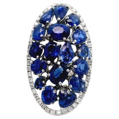 Blue Sapphire Cluster Diamond 18k White Gold Ring