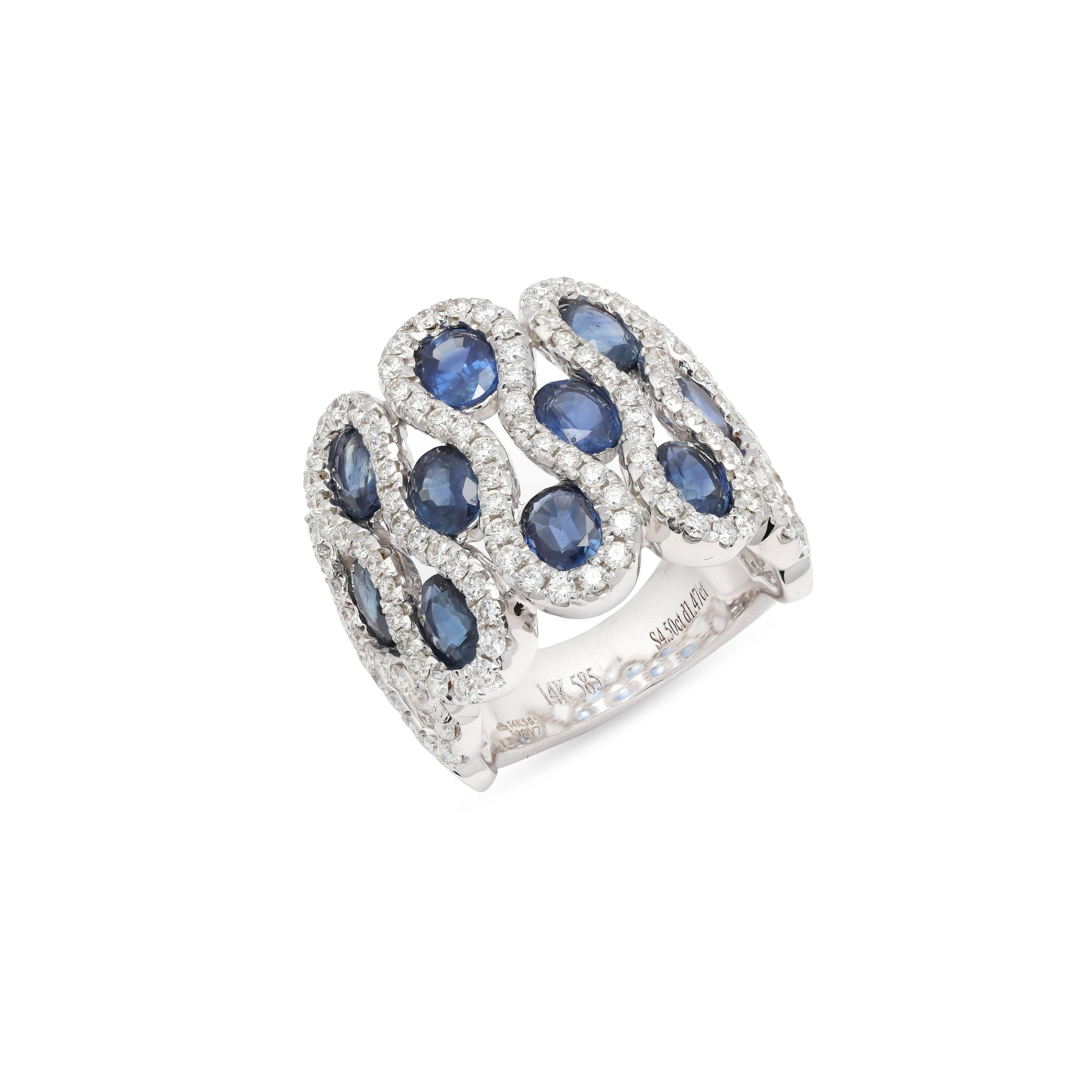 For Sale:  Blue Sapphire Cluster Diamond Ring in 14K White Gold  4