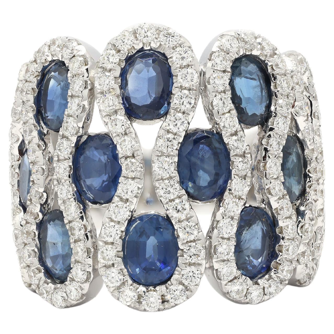 Blue Sapphire Cluster Diamond Ring in 14K White Gold 