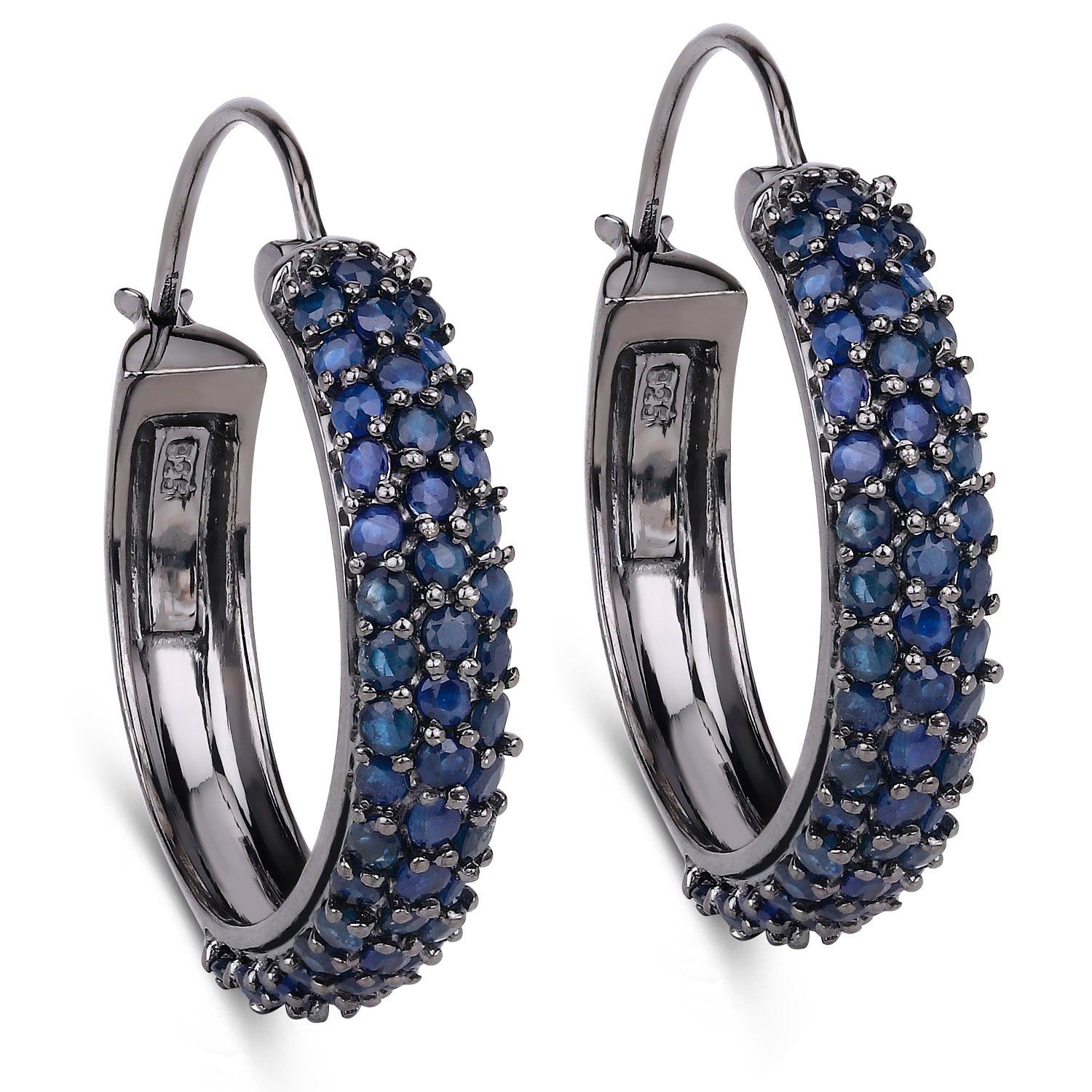 Round Cut Blue Sapphire Cluster Hoop Earrings 4.6 Carats Black Rhodium Plated Silver For Sale