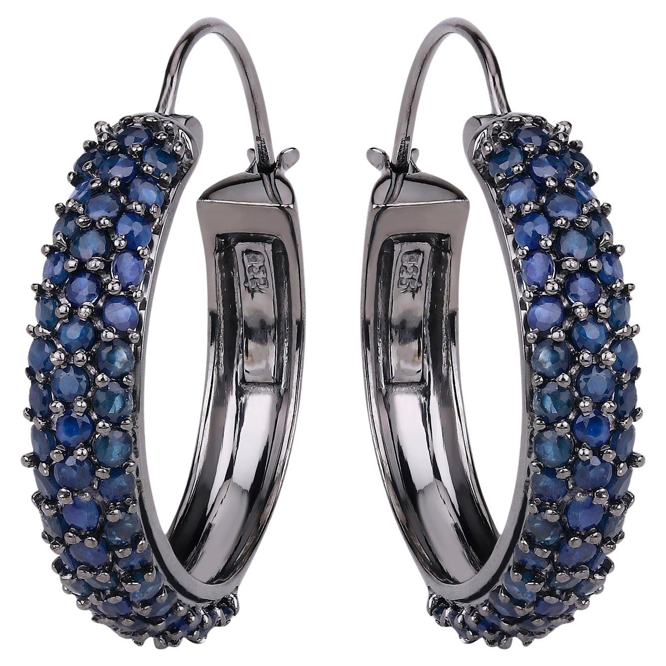 Round Cut Blue Sapphire Cluster Hoop Earrings 4.6 Carats Black Rhodium Plated Silver For Sale