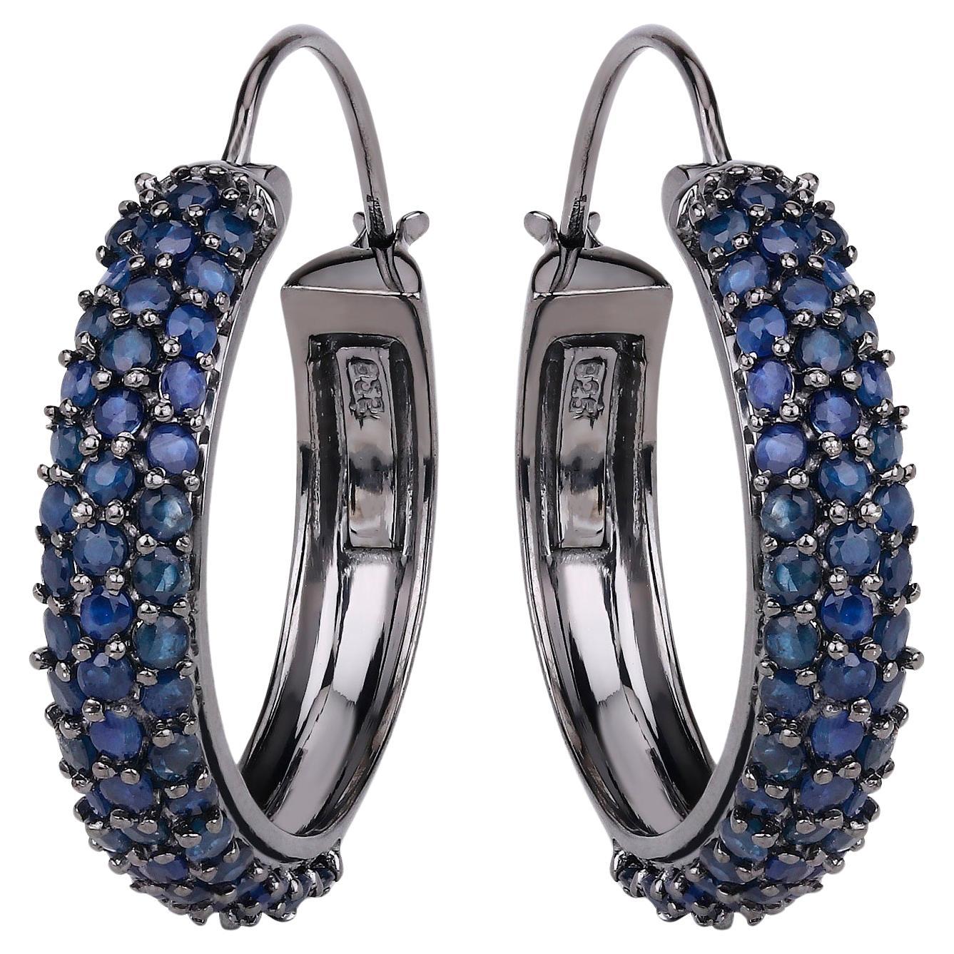 Blue Sapphire Cluster Hoop Earrings 4.6 Carats Black Rhodium Plated Silver For Sale